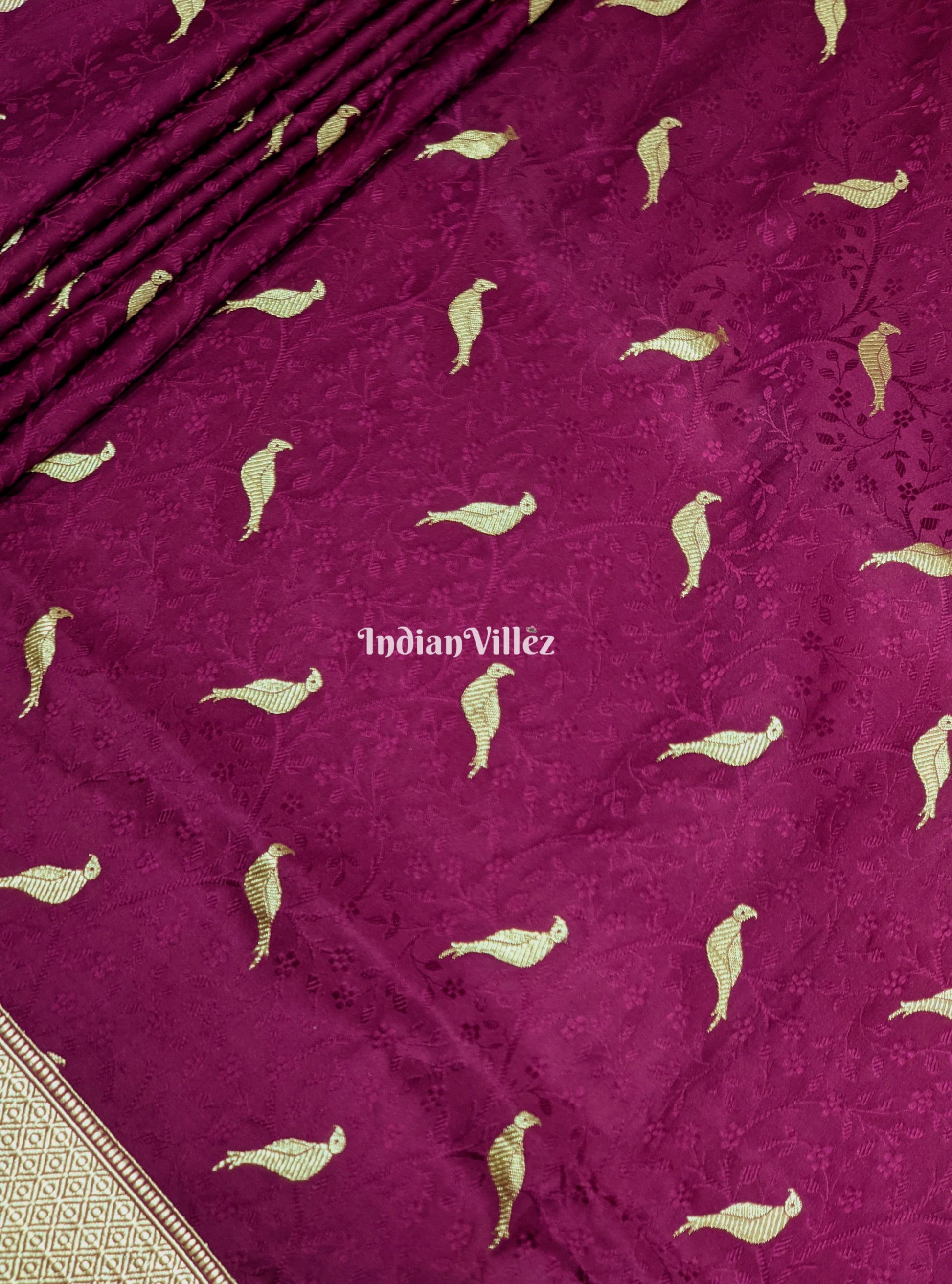 Wine Parrot Motif Pure Banarasi Katan Silk Saree