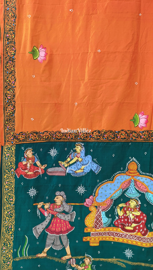 Orange Rama Green Doli Barat Design Pattachitra Saree