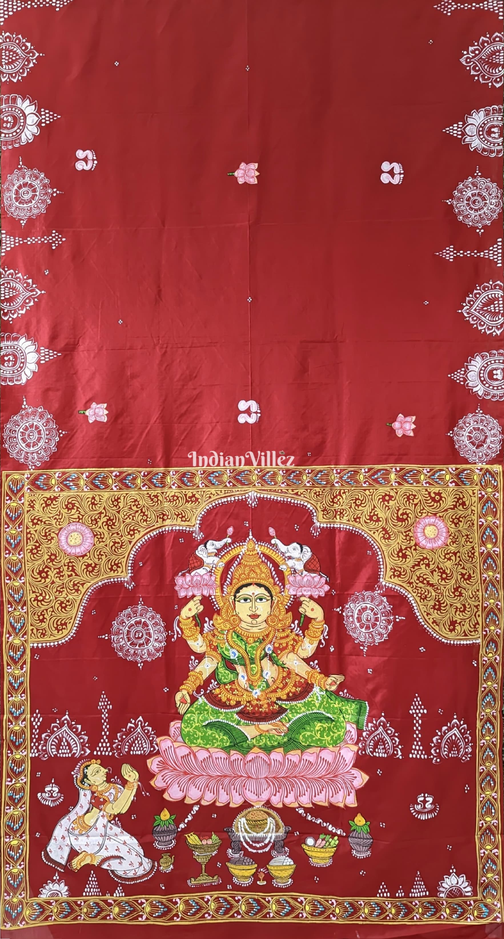 Maroon Maa Laxmi Pattachitra Pure Silk Saree