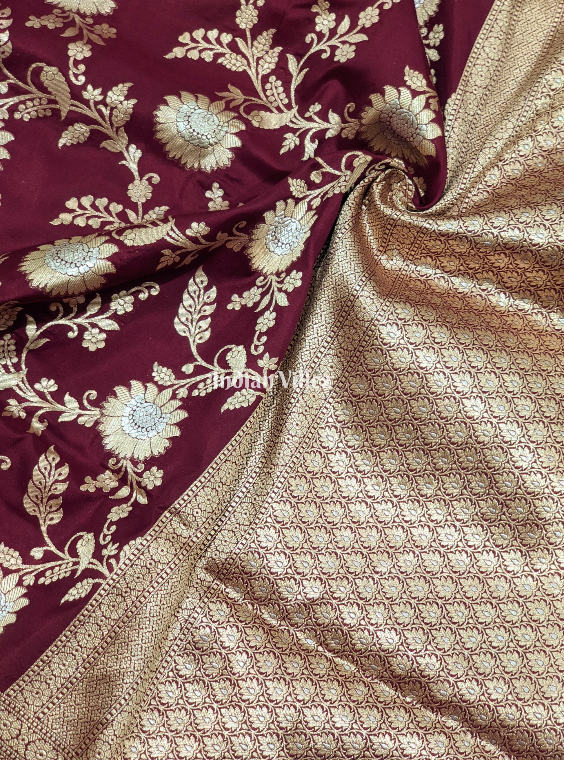 Wine Floral Motif Designer Banarasi Katan Silk Saree