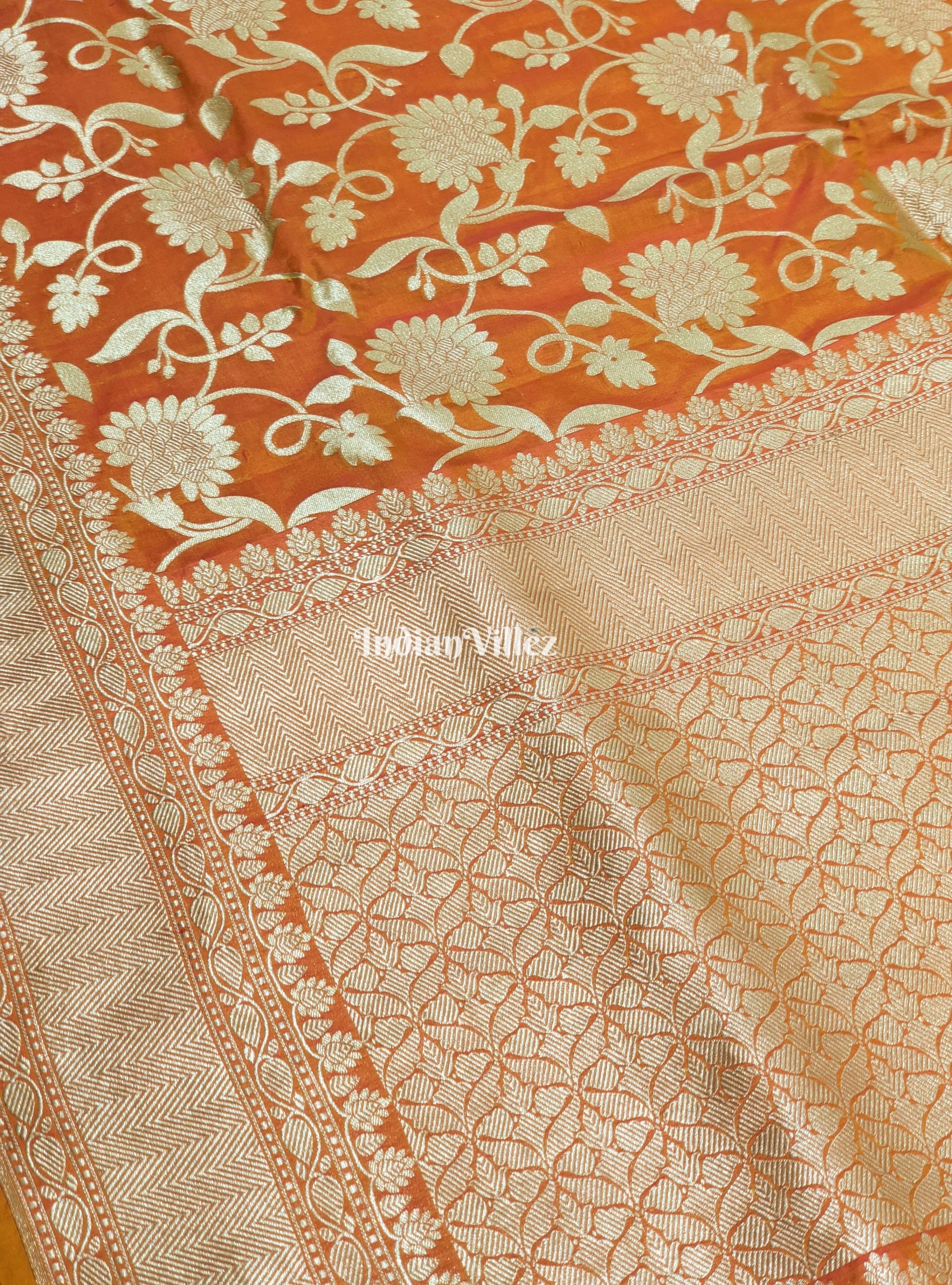 Orange Yellow Floral Motif Designer Katan Silk Banarasi Saree