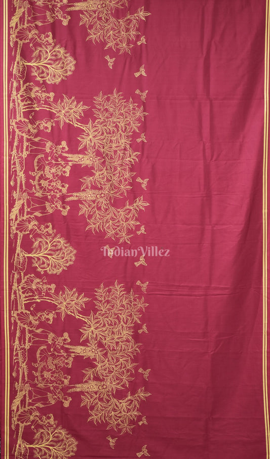 Cherry Red Single Line Raja Theme Pattachitra Saree