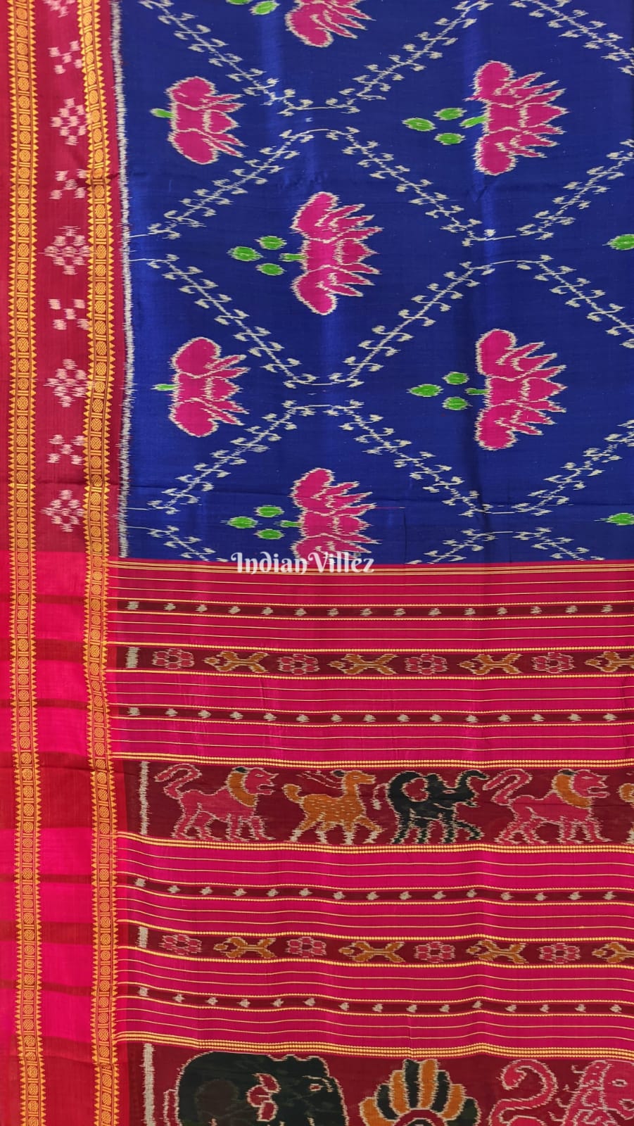 Blue Pasapali Border Lotus Design Khandua Silk Saree