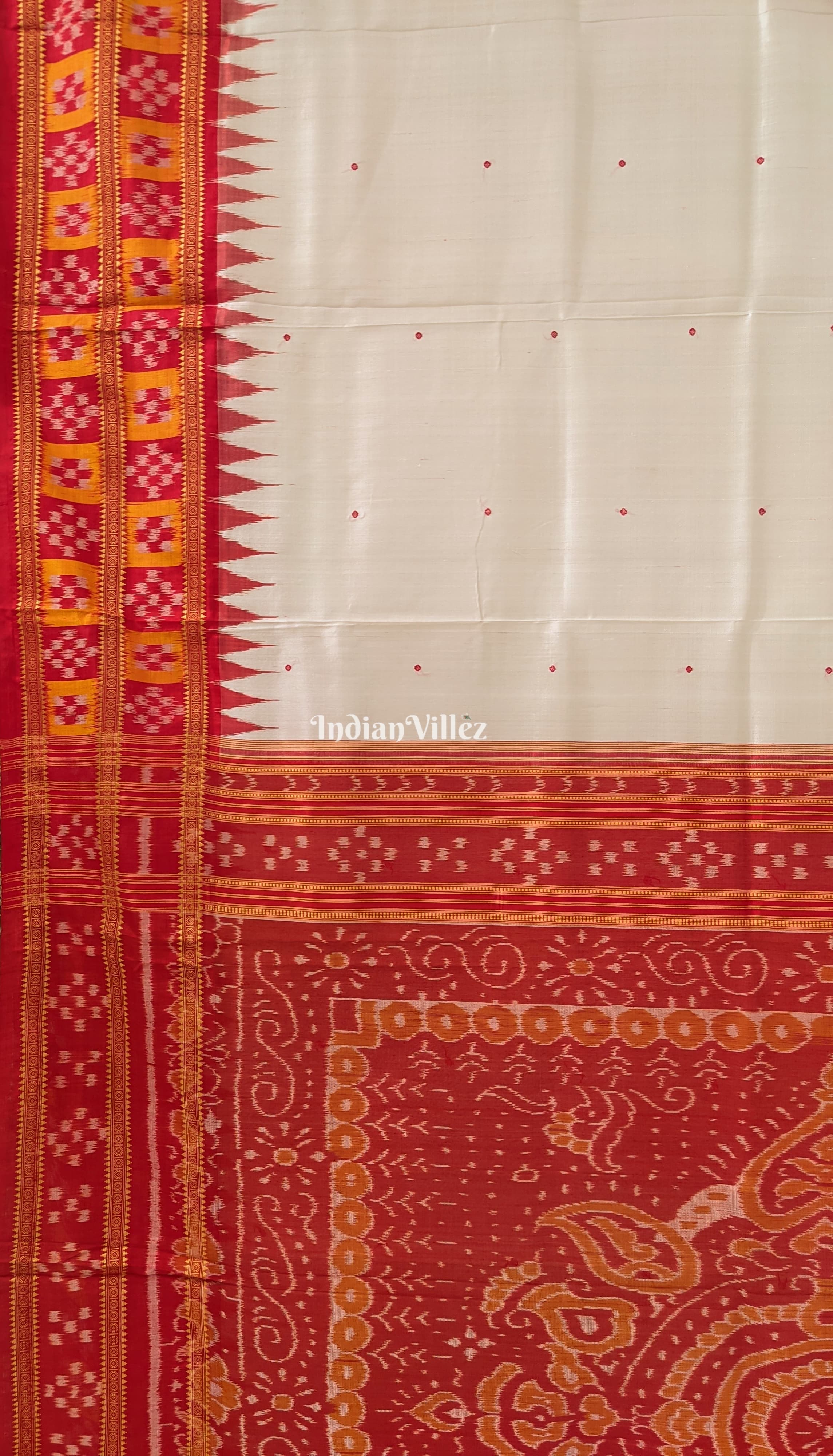 White Red Border Pasapali Odisha Ikat Khadua Silk Saree