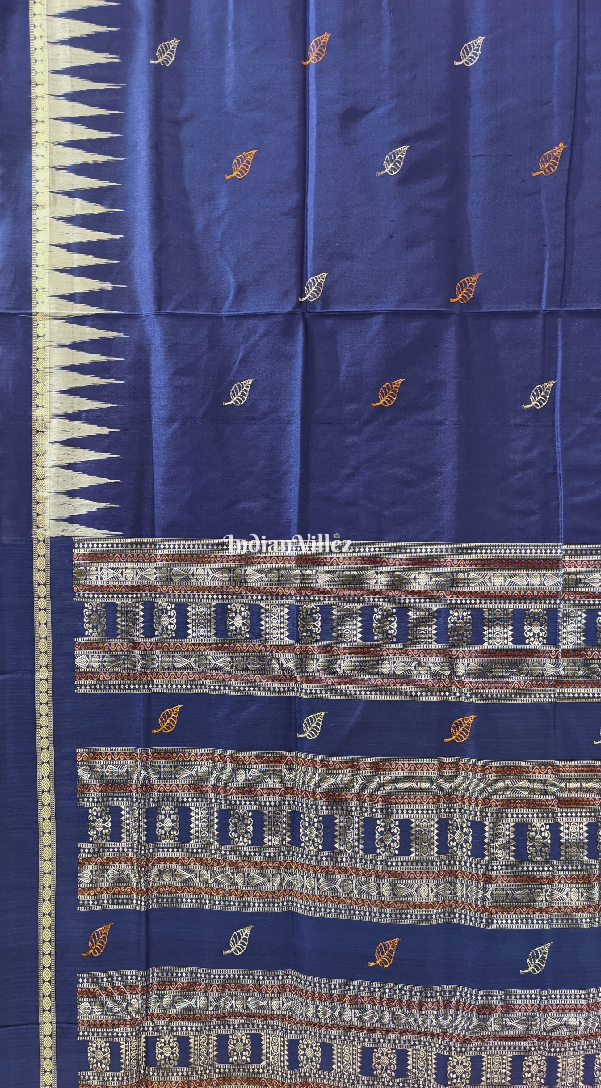 Navy Blue Leaf Motif Sambalpuri Bomkai Silk Saree