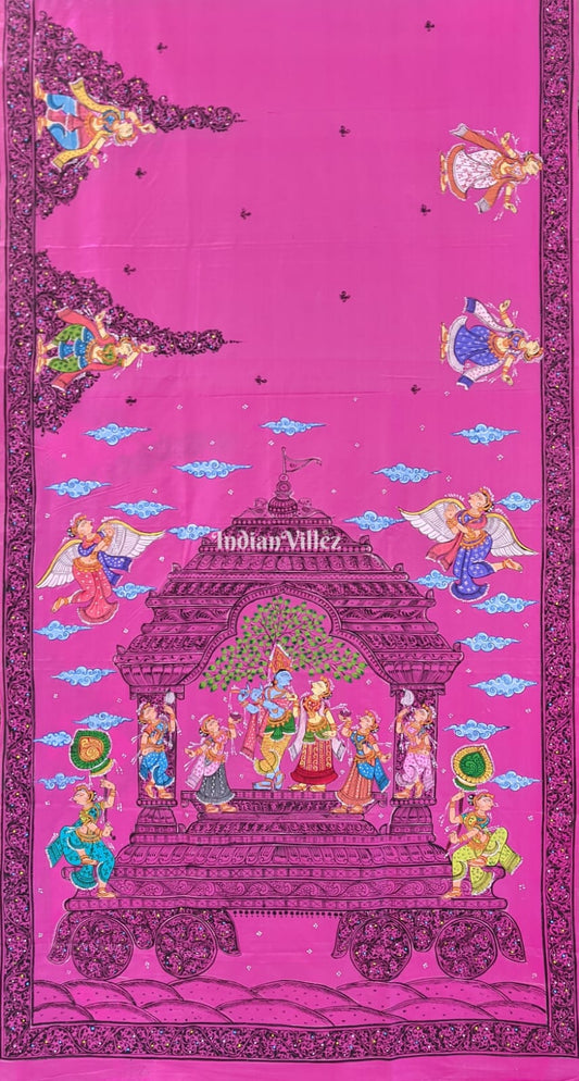 Royal Pink Radha Krisha Pattachitra Art on Pure Silk Saree