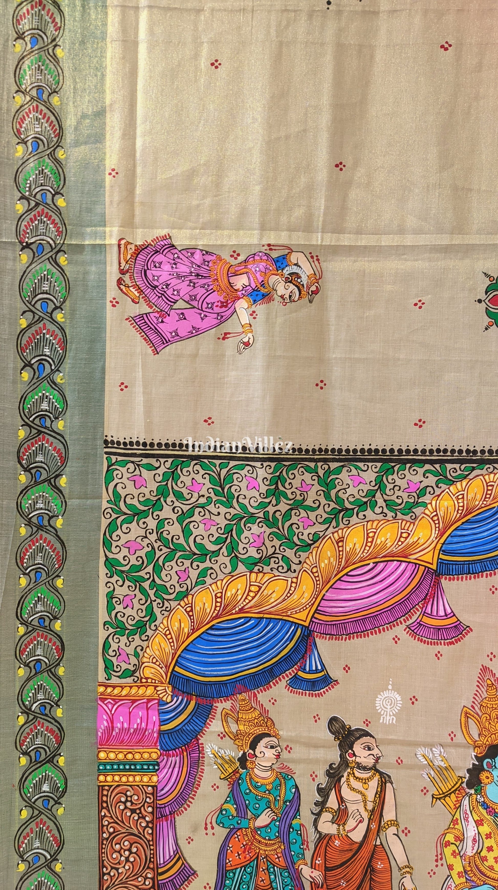 Off-White Ramayana Theme Pattachitra on Kerala Tissue Saree