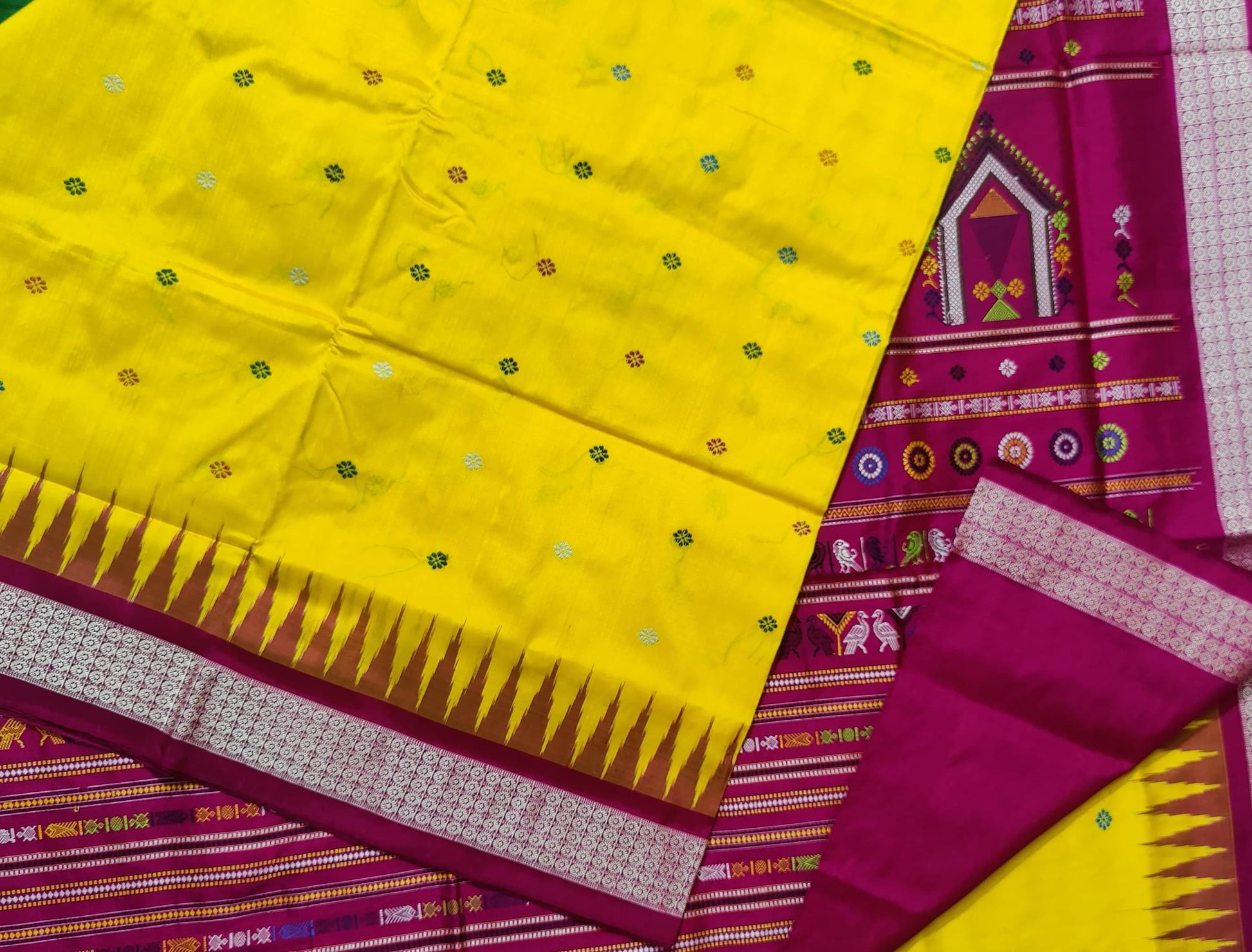 Yellow Maroon Sambalpuri Ikat Dolabedi Silk Saree