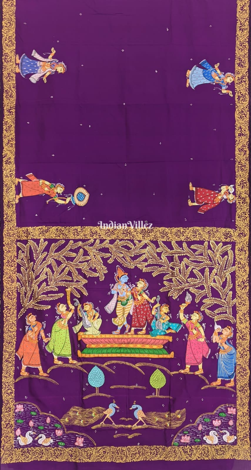 Magenta Krushna Leela Hand-Painted Pattachitra Silk Saree