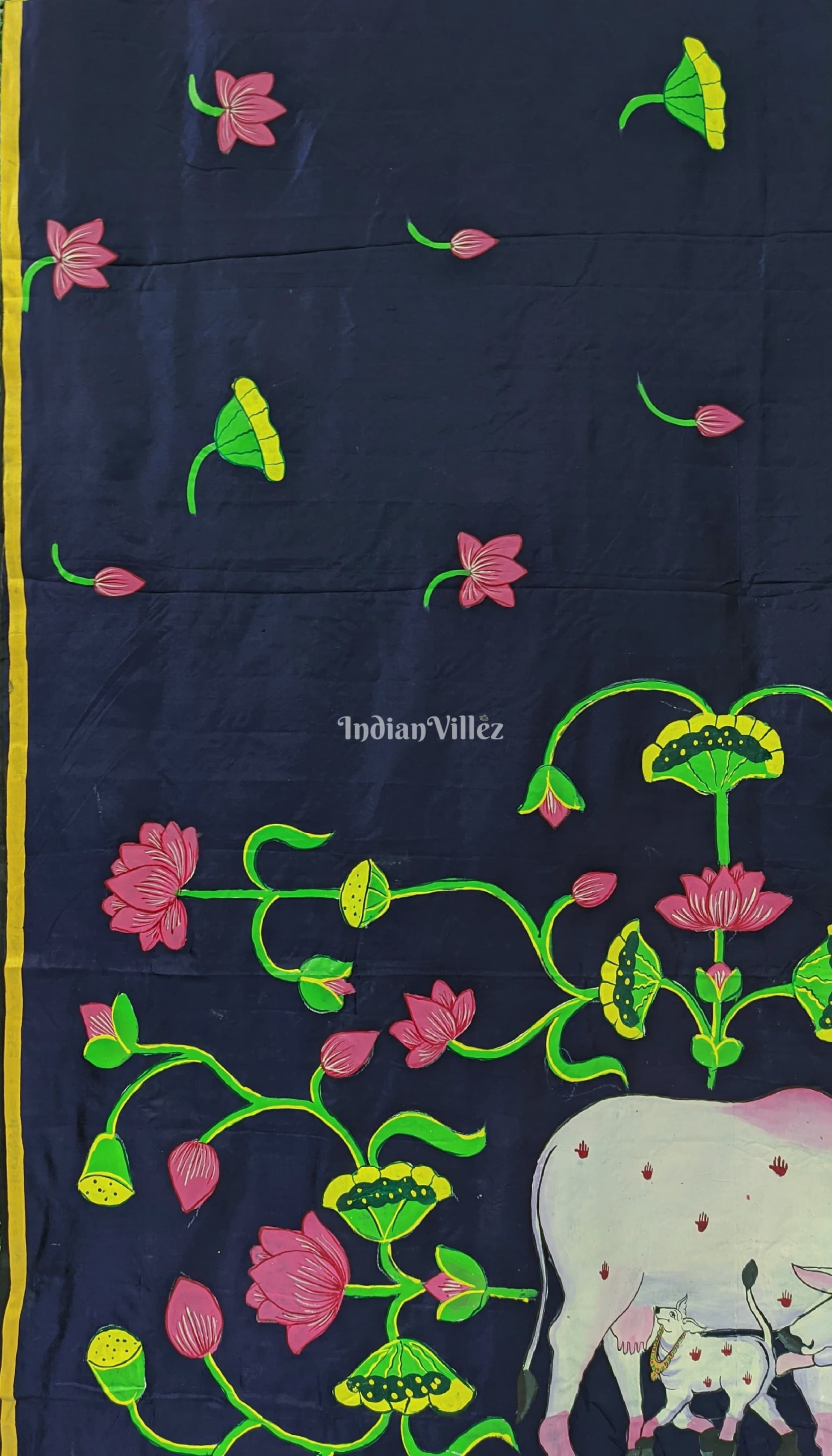 Hand Painted Pichwai Art on Blue Mulberry Silk Saree