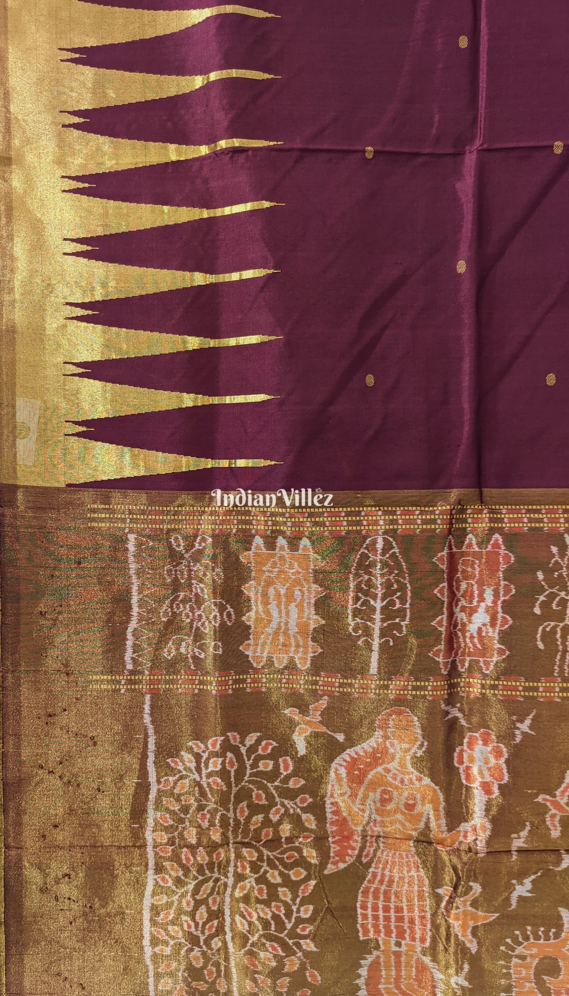 Deep Maroon with Golden Zari (Tissue) Phoda Kumbha Sambalpuri Silk Saree