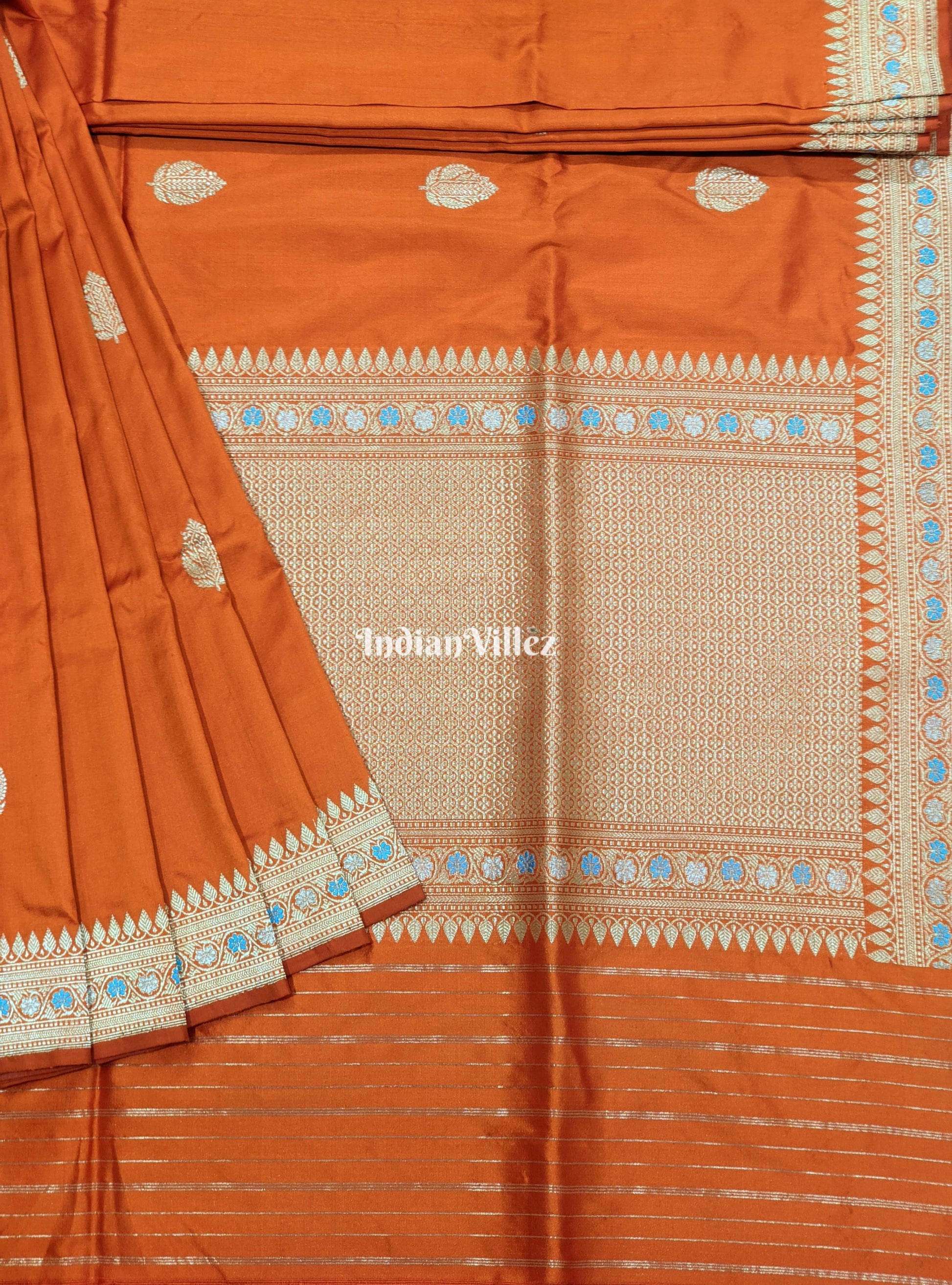 Orange Floral Meenakari Banarasi Katan Silk Saree