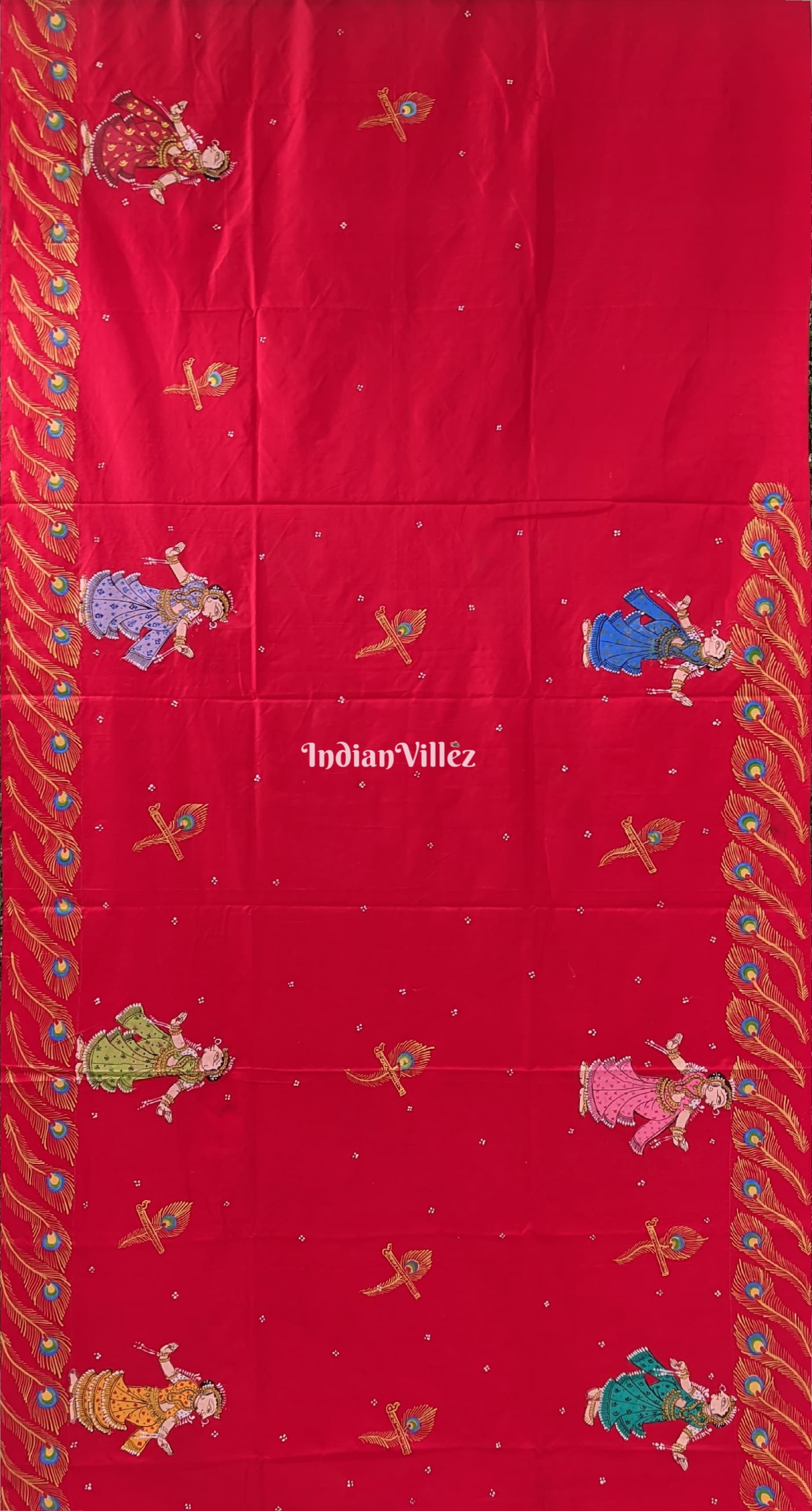 Red Ardha Chandra Krishna Rasa Leela Pattachitra Silk Saree