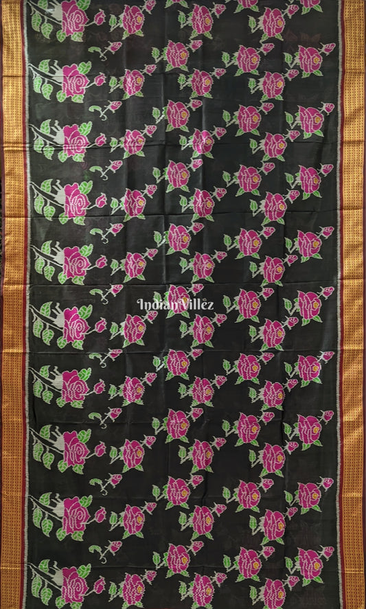 Black Rose Flower Theme Khandua Silk Saree