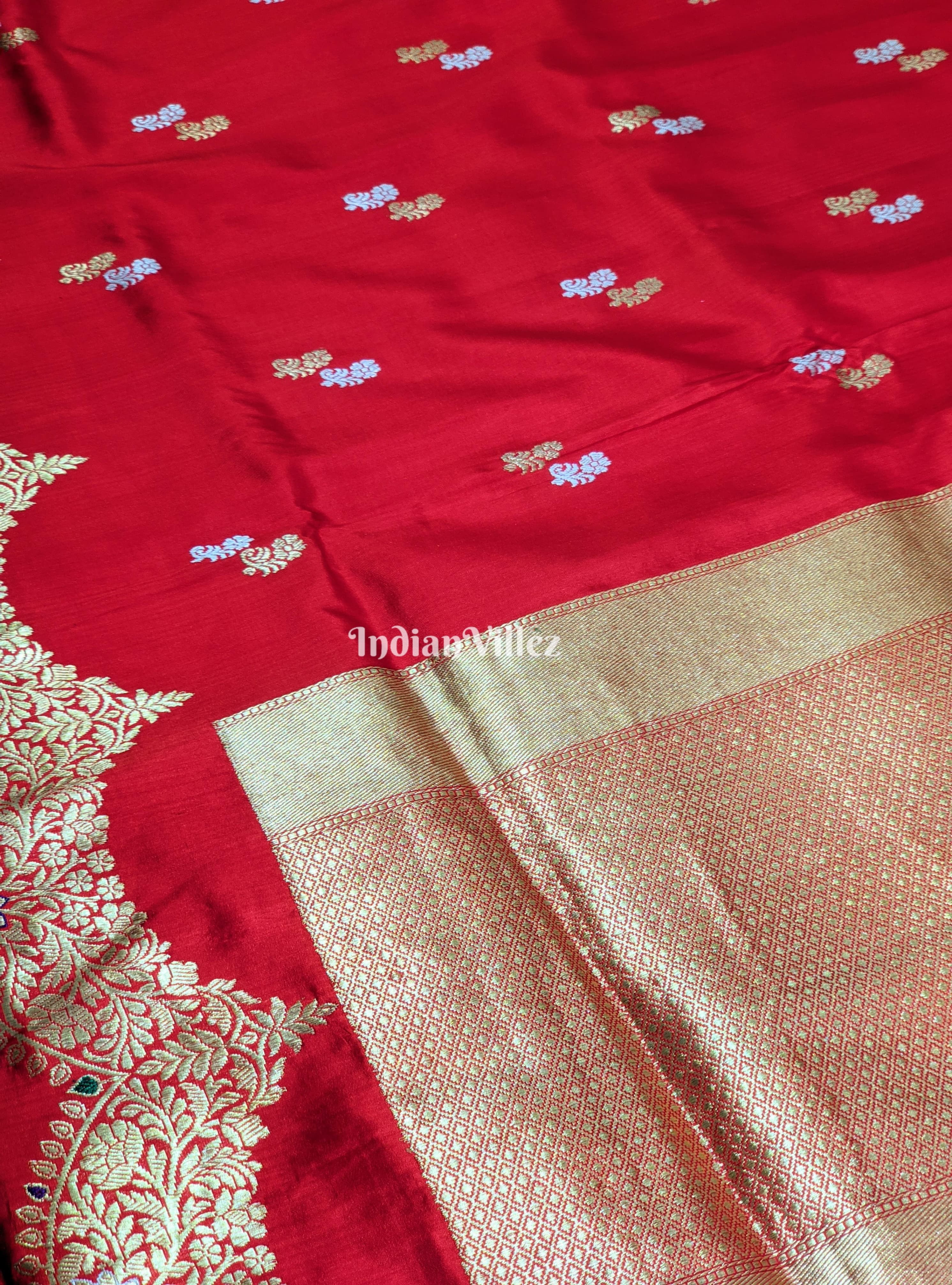 Red Floral Motif Designer Banarasi Katan Silk Saree