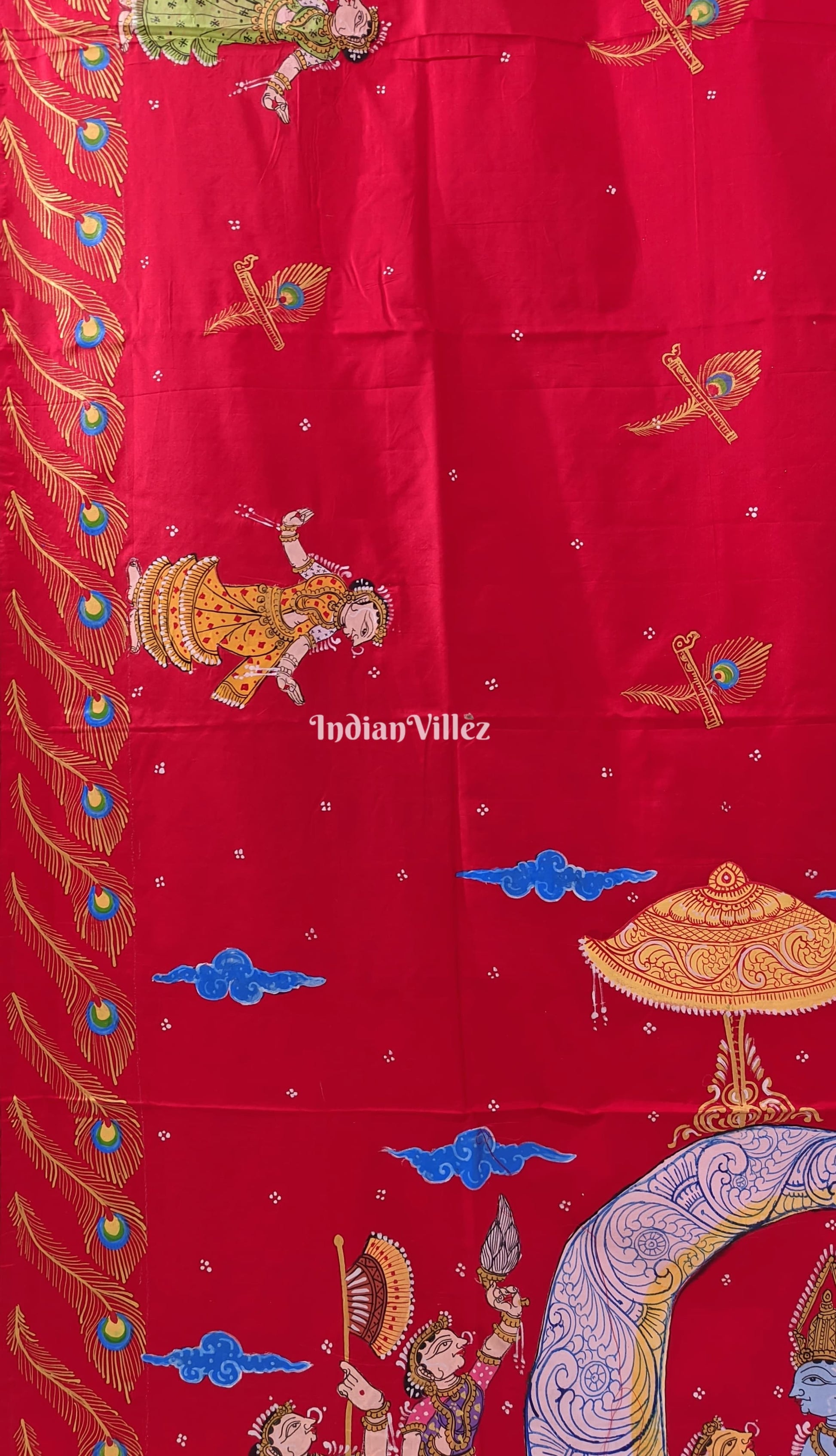 Red Ardha Chandra Krishna Rasa Leela Pattachitra Silk Saree