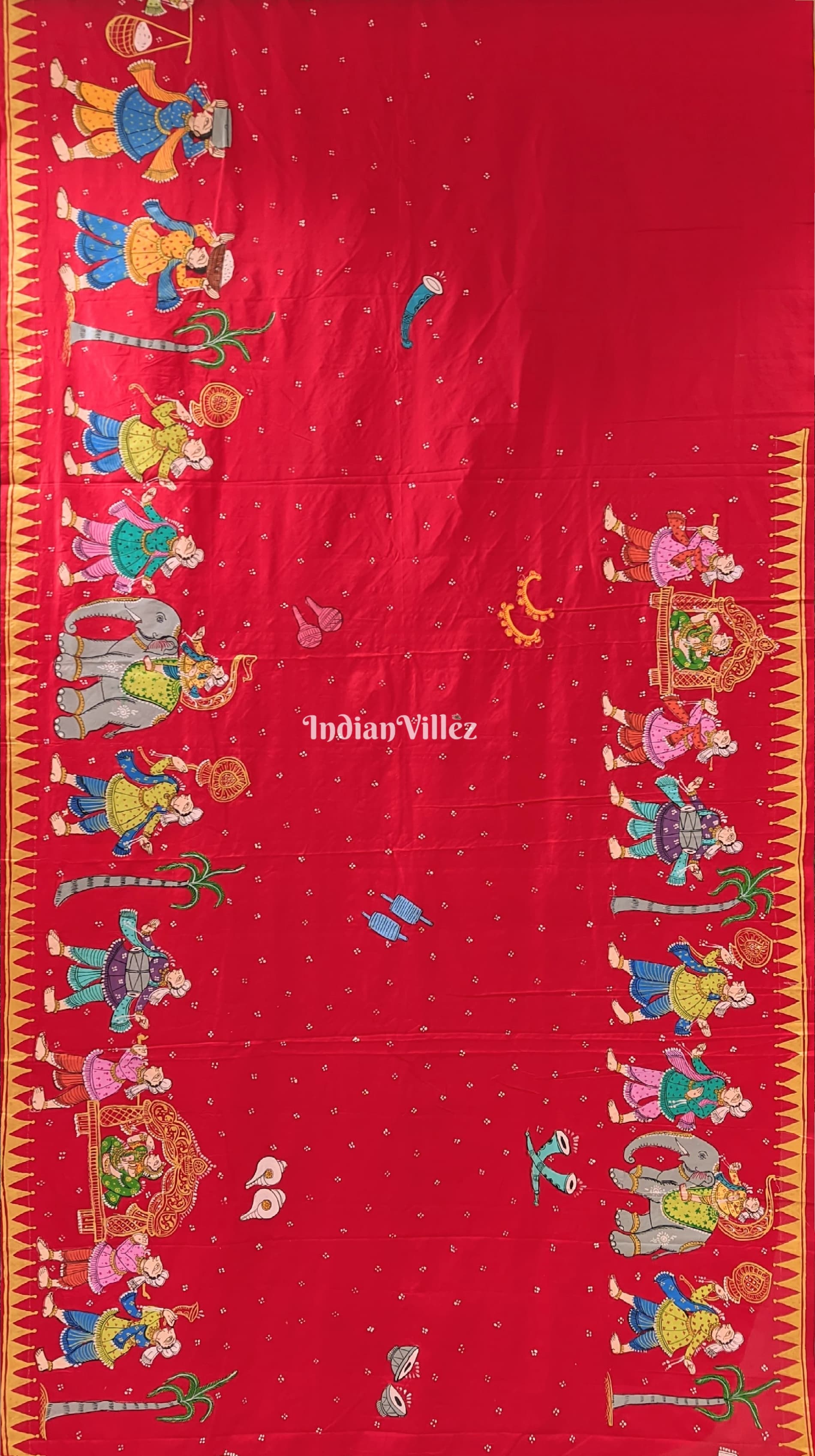 Red Doli Barat Theme Pattachitra Art on Pure Mulberry Silk Saree