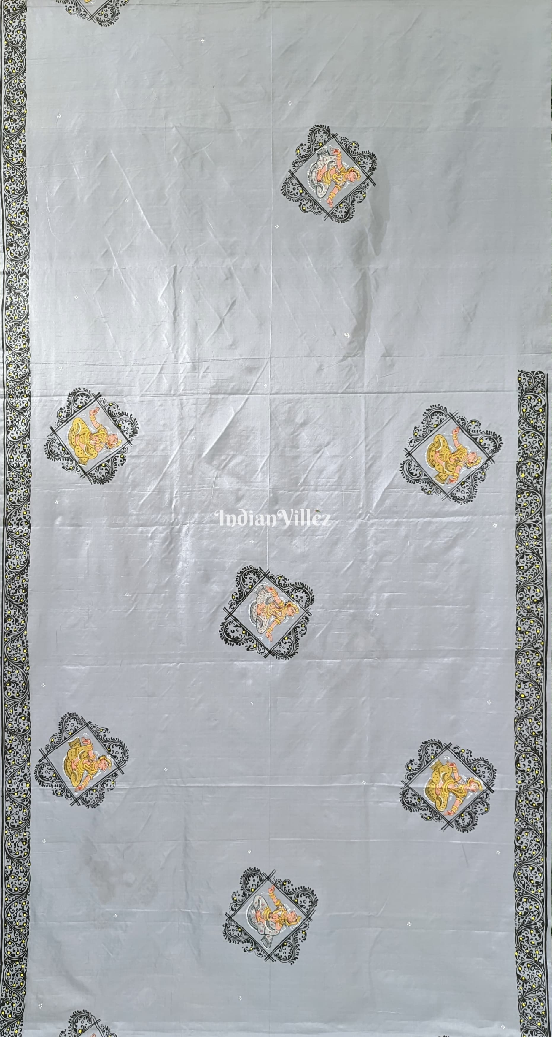 Gray Radha Krishna Pattachitra Silk Saree