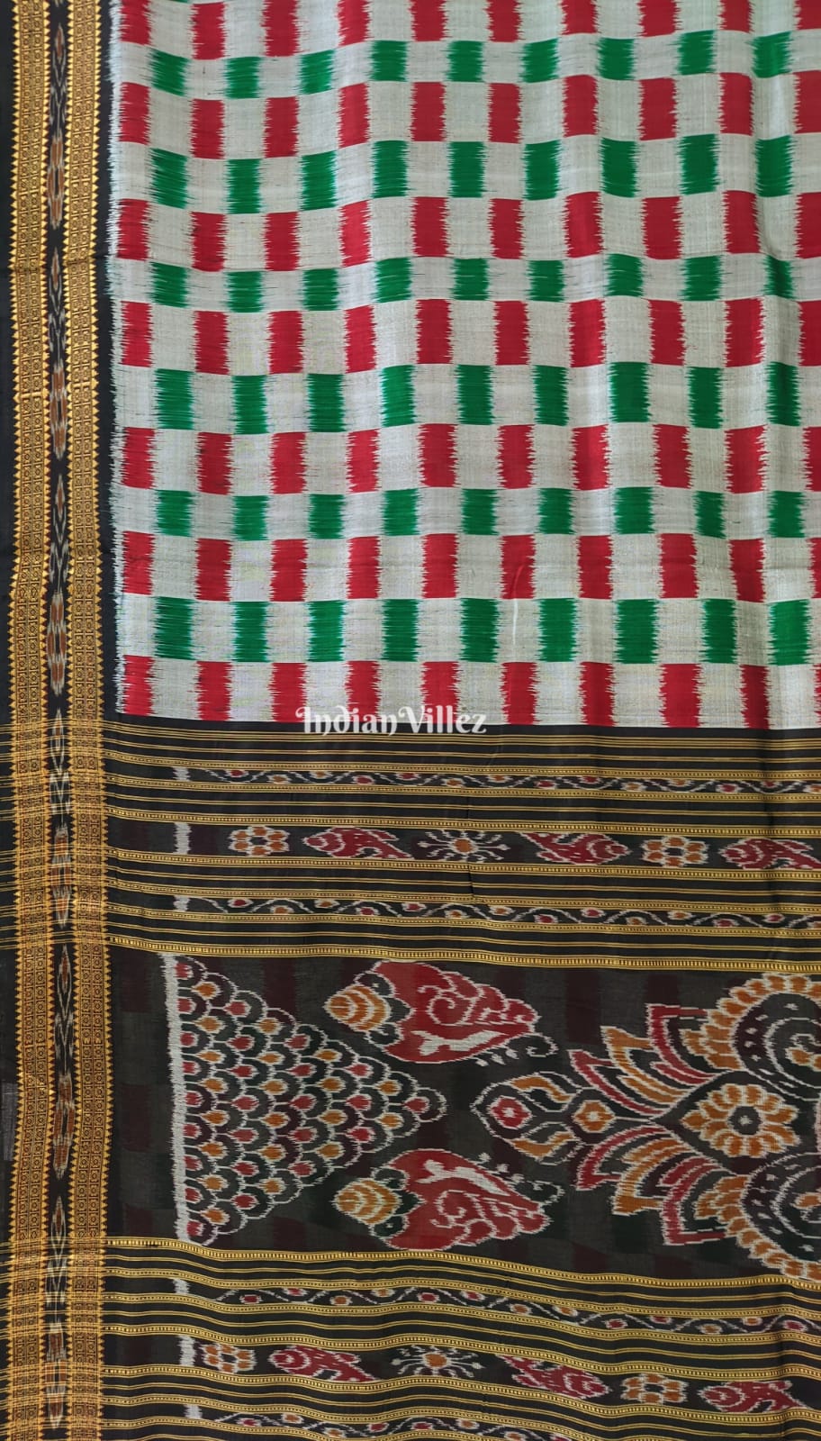 Red Green & Steel Grey Odisha Ikat Khandua Silk Saree