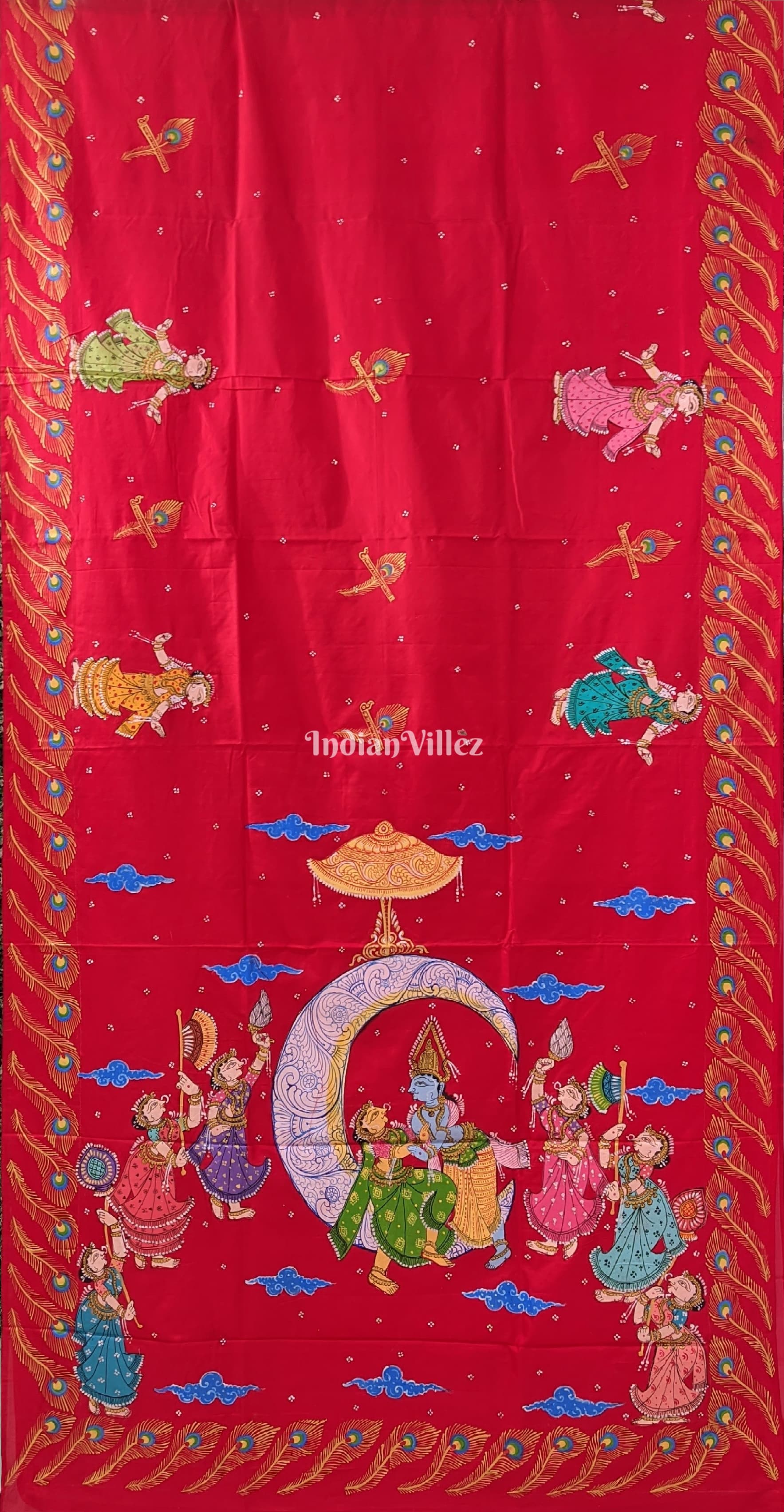 Red Ardha Chandra Krishna Rasa Leela Pattachitra Silk Saree