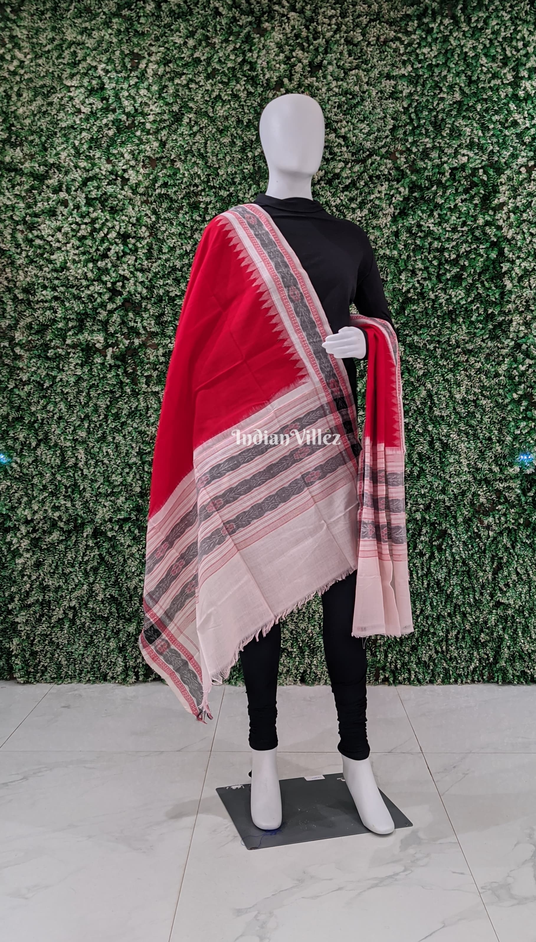 Red White Handwoven Odisha Ikat Cotton Dupatta