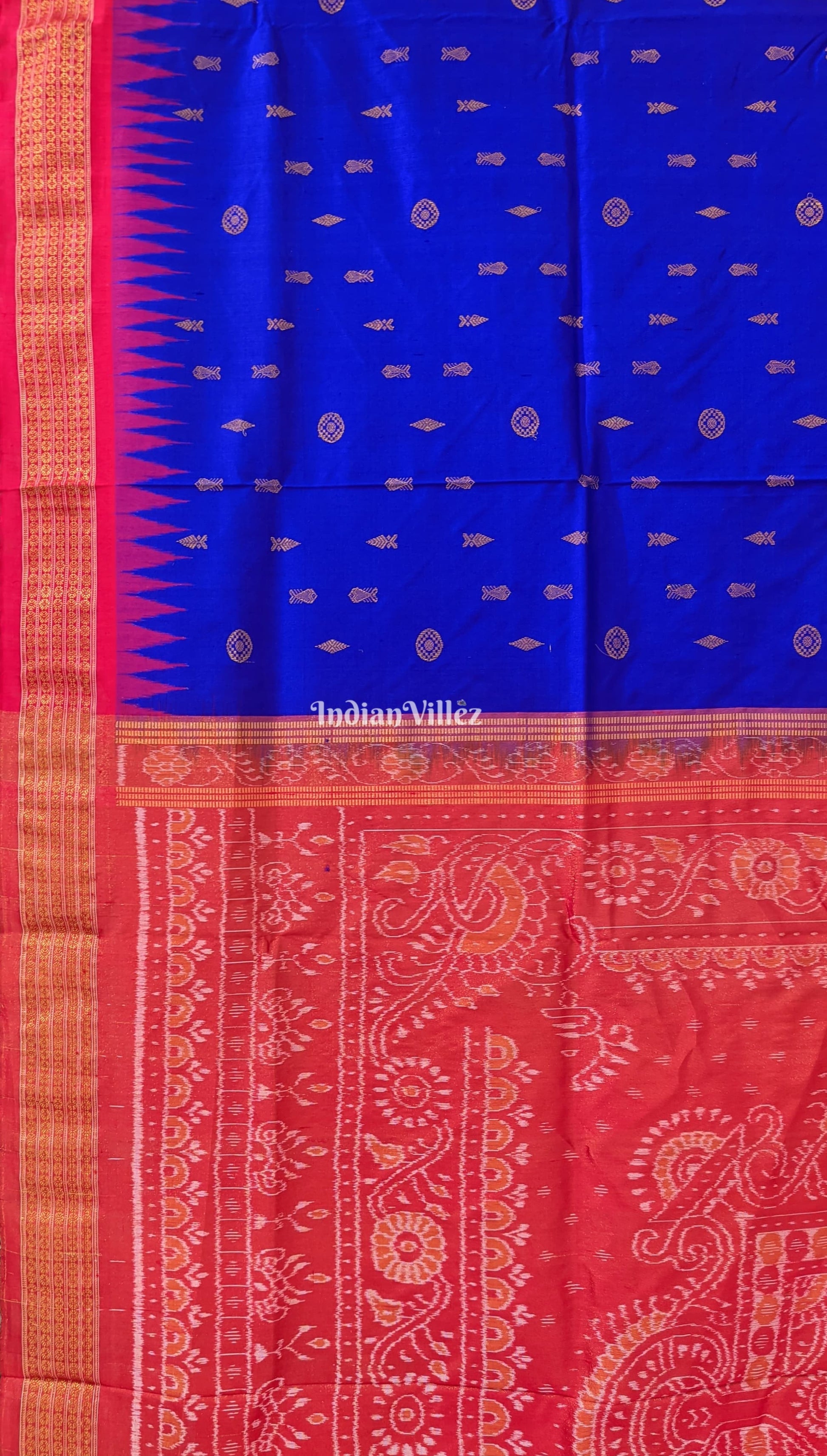 Blue Red Fish Motif Sambalpuri Silk Saree with Tissue Anchal