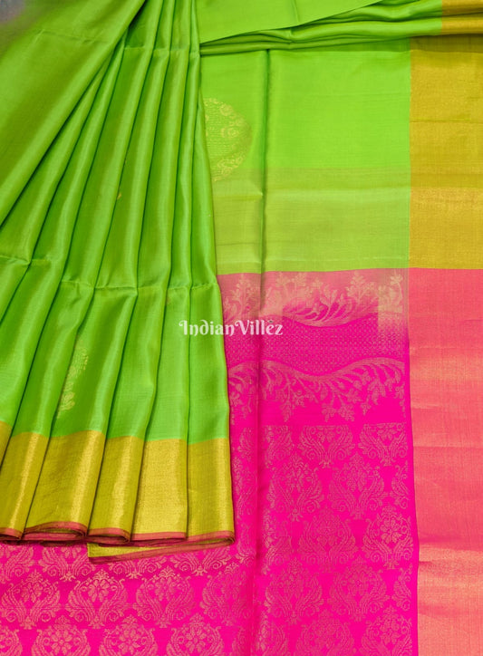 Parrot Green Pink South Handloom Kanjivaram Soft Silk Saree