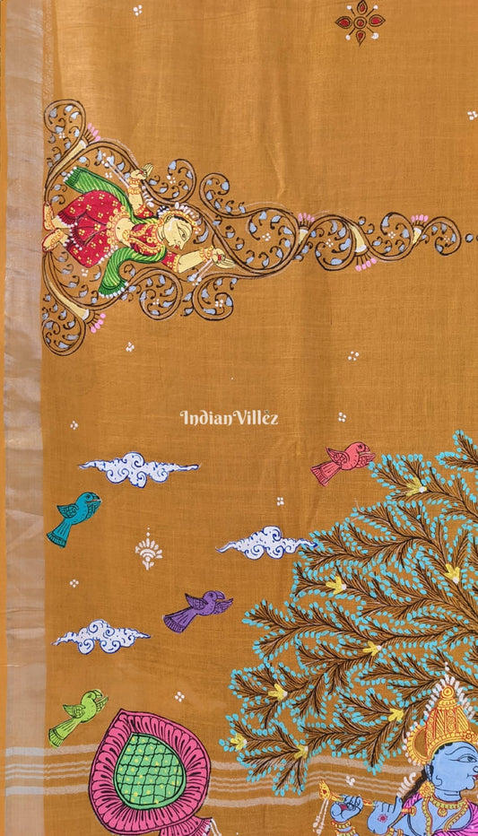 Peach Radha Krishna Pattachitra Saree with Zari Border