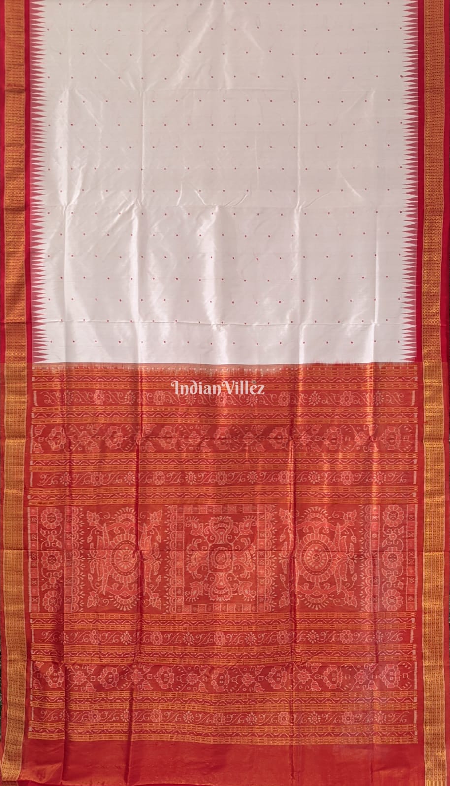 White Red Bomkai Sambalpuri Ikat Silk Saree