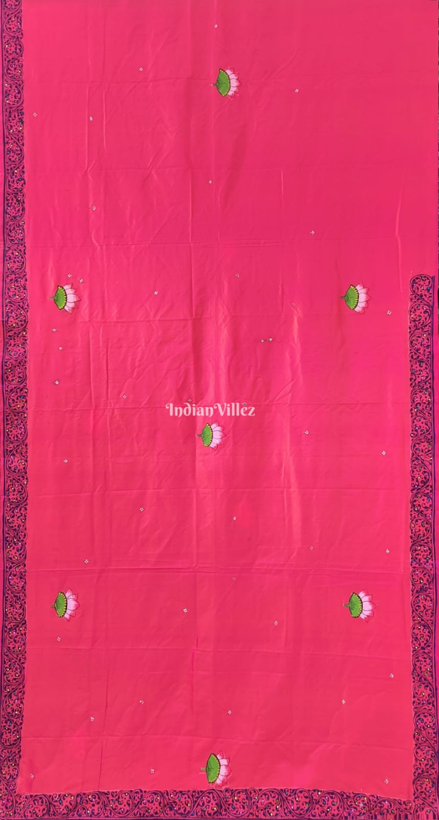 Pink Blue Doli Barat Theme Pattachitra Mulberry Silk Saree