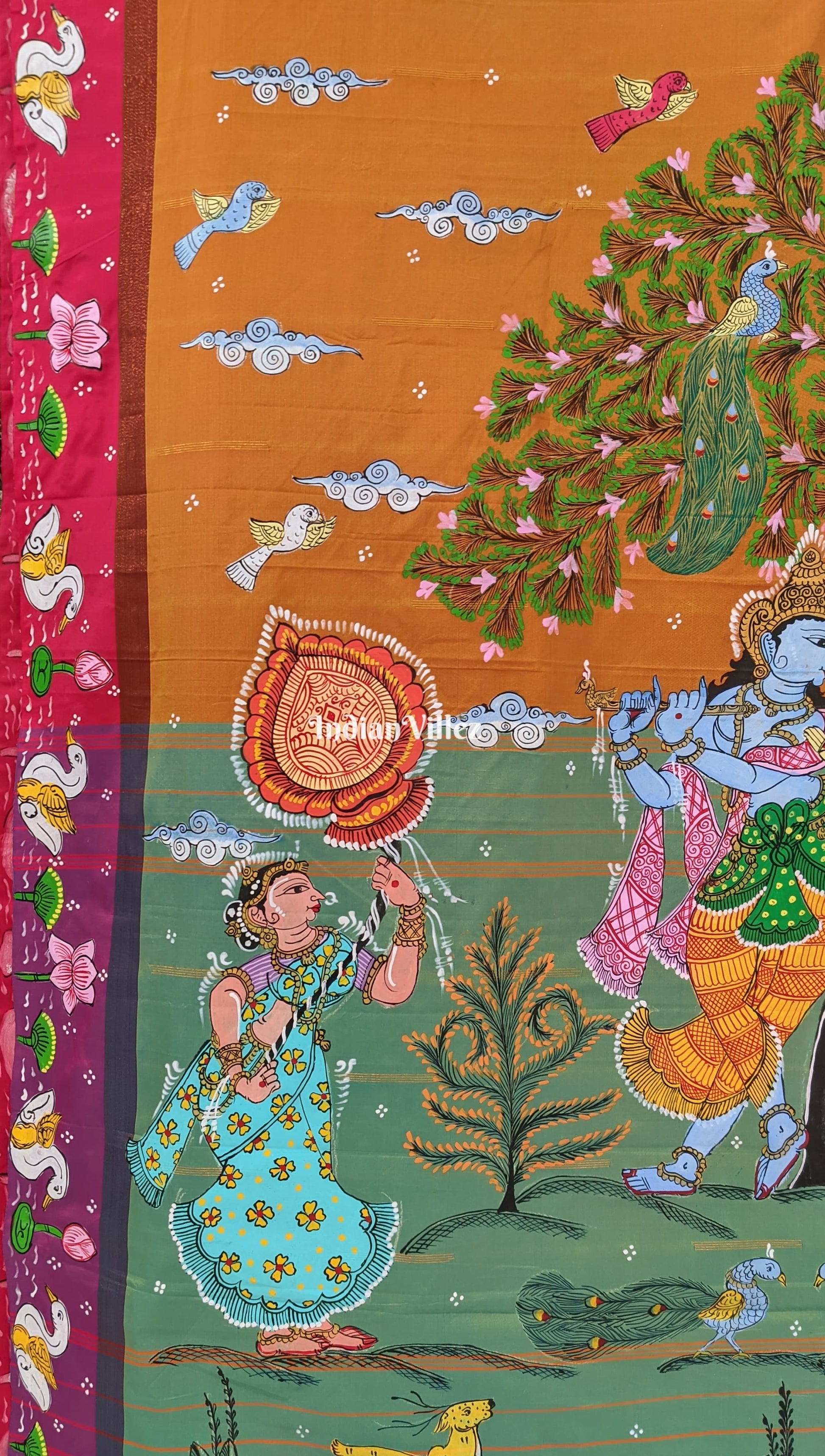 Mustard Yellow Radha Krishna Pattachitra Silk Saree