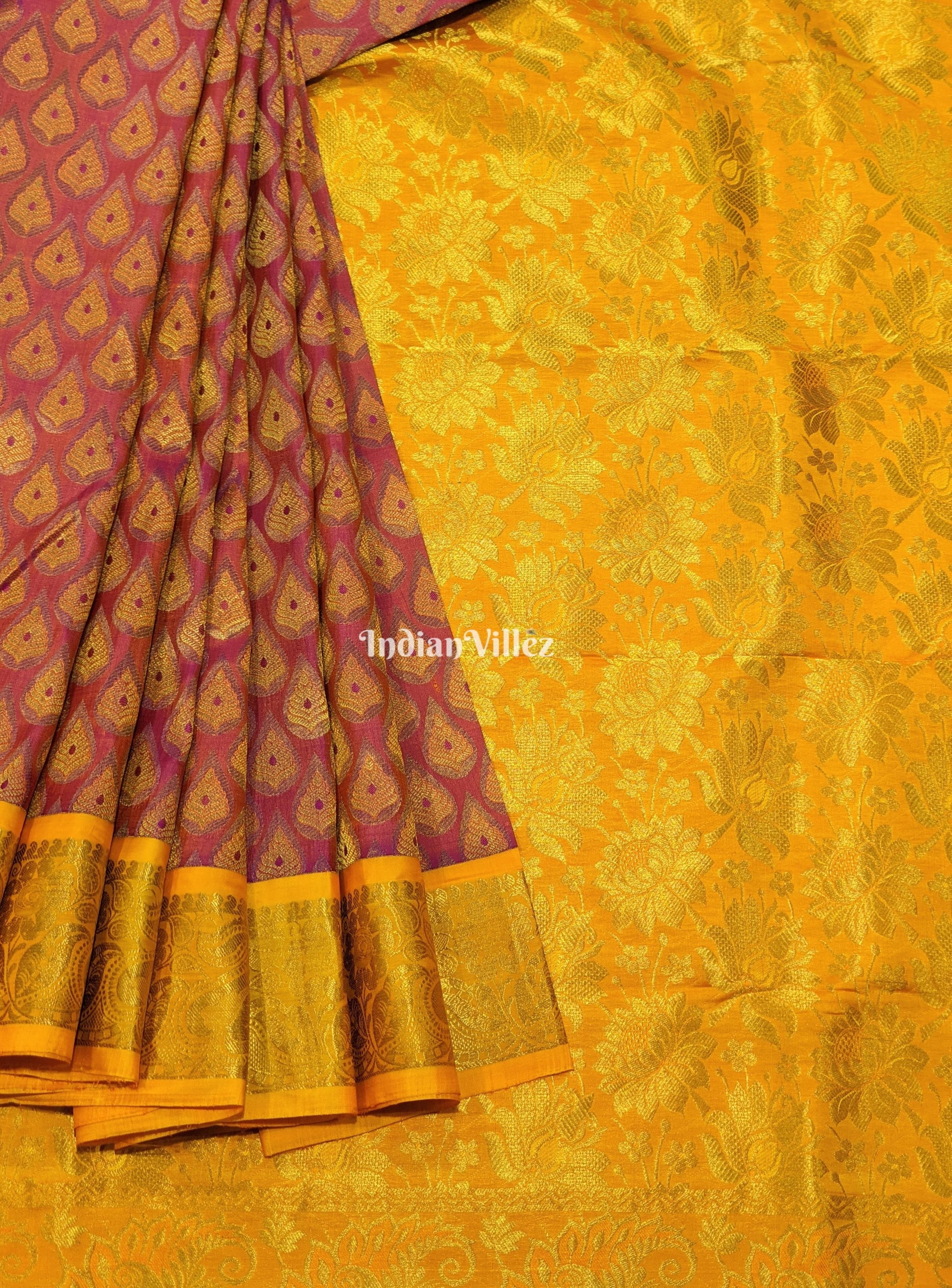 Rose Pink Golden Pure Kanjivaram Silk Saree