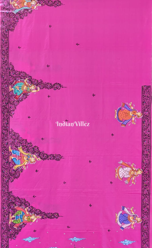 Royal Pink Radha Krisha Pattachitra Art on Pure Silk Saree