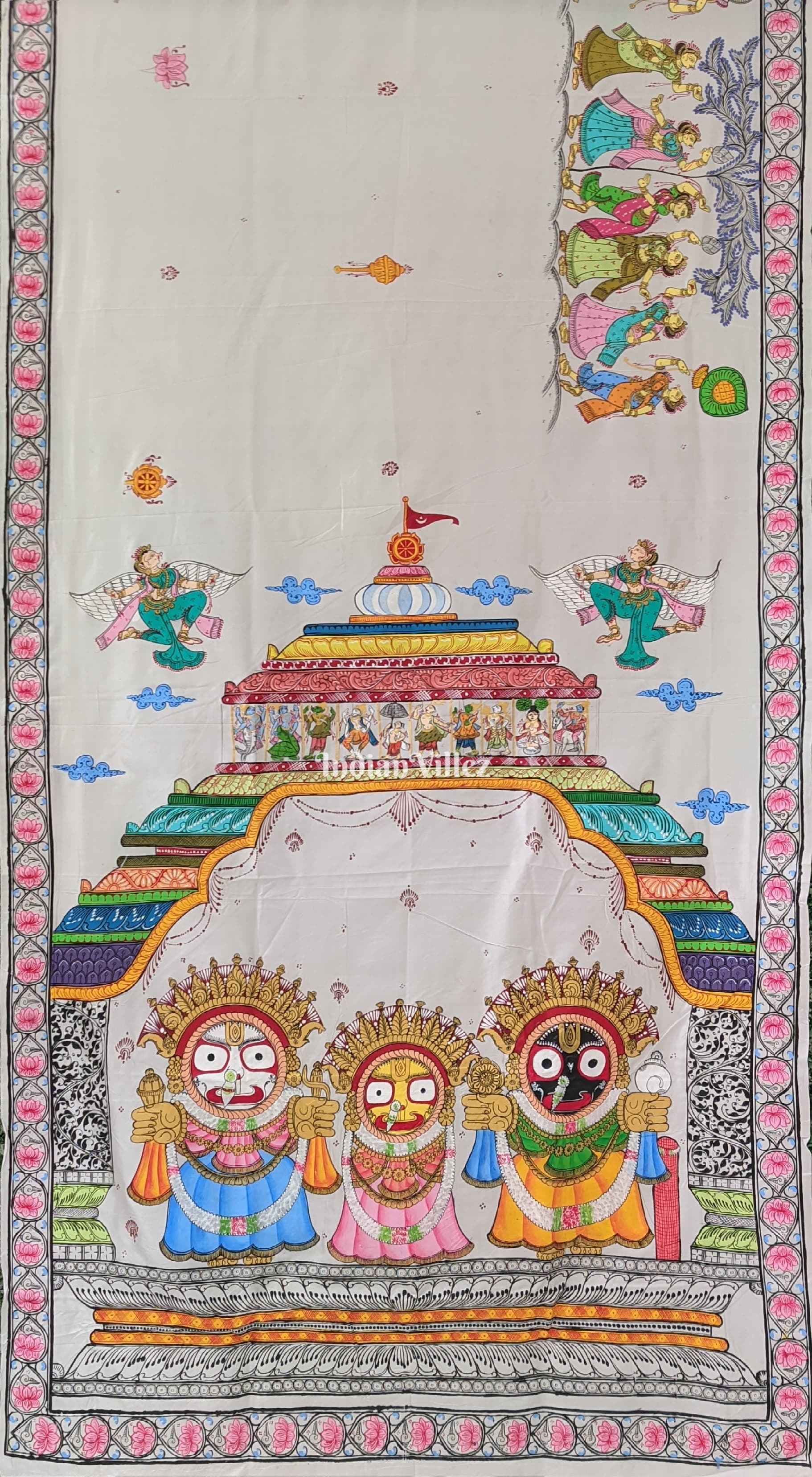 White Shree Jagannath Theme Hand-Painted Pattachitra Silk Saree