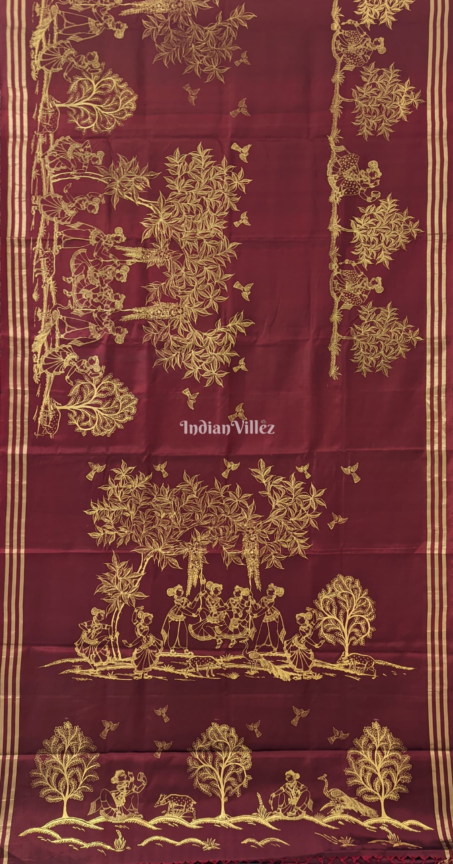 Maroon Single Line Pattachitra Work on Kanjivaram Silk Saree