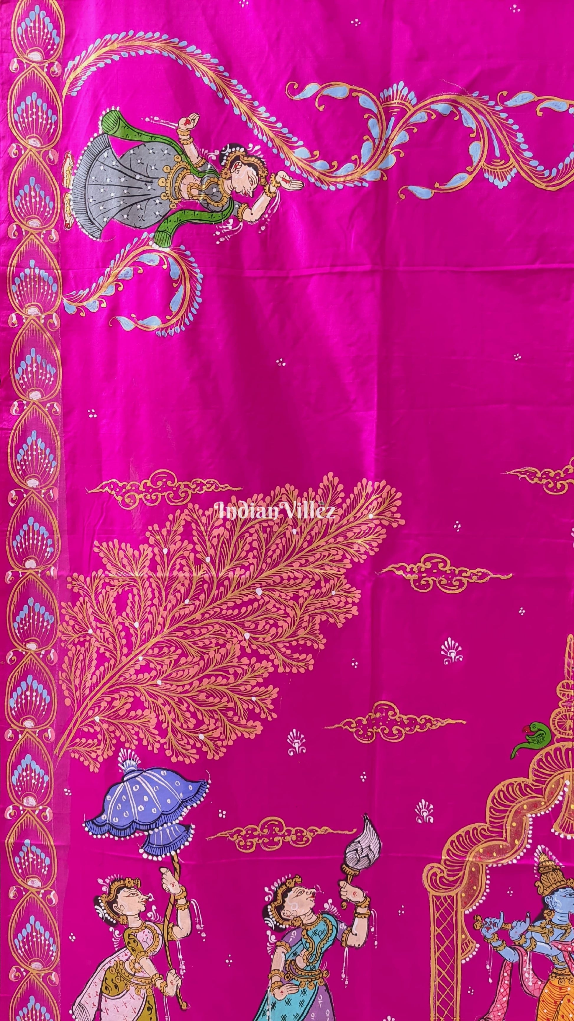 Rani Pink Krishna Rasa Leela Pattachitra Silk Saree