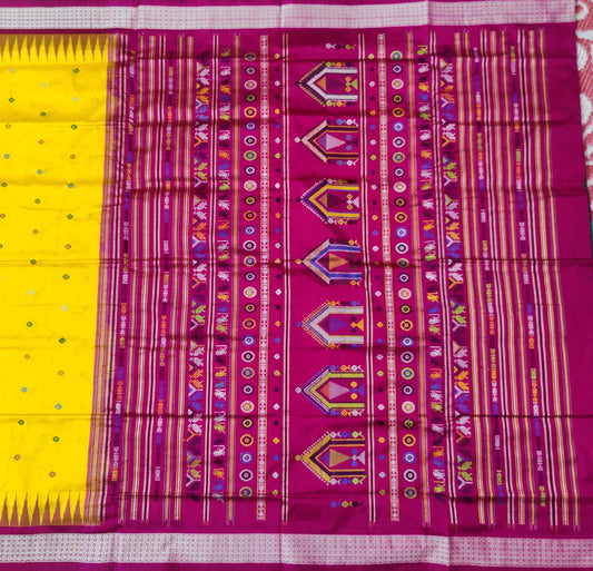 Yellow Maroon Sambalpuri Ikat Dolabedi Silk Saree