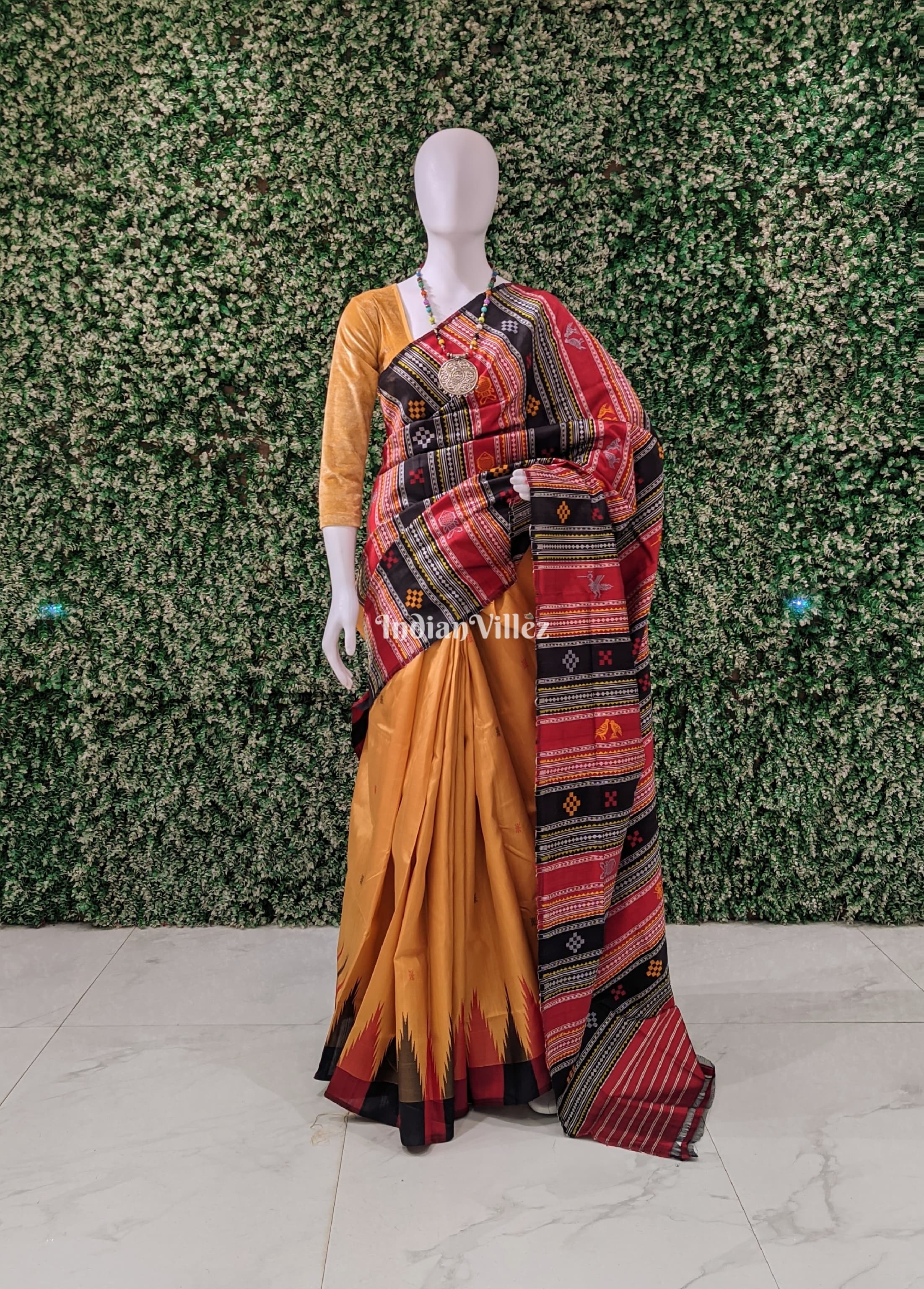 Mustard Yellow Double Pallu Berhampuri Silk Saree