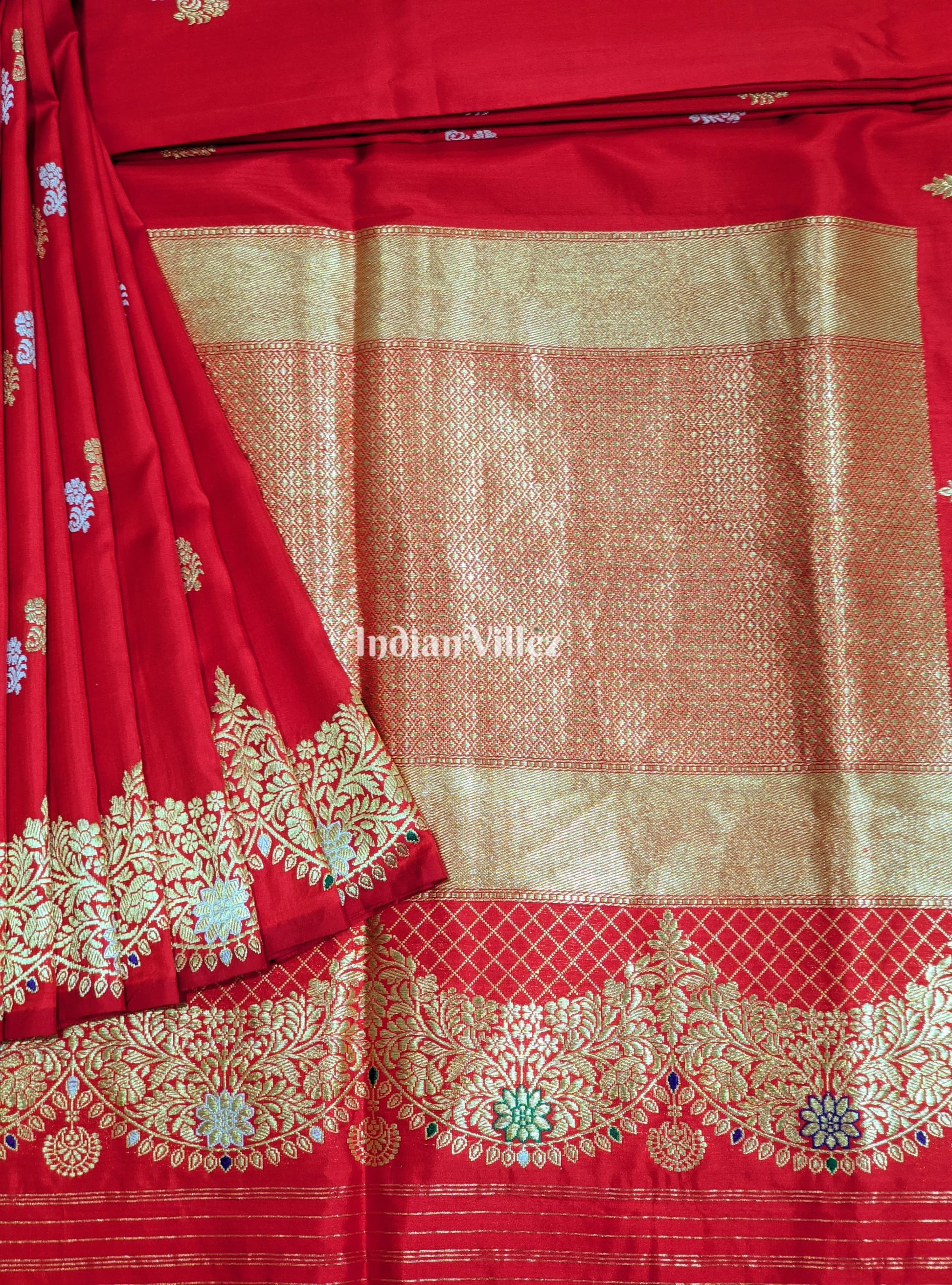 Red Floral Motif Designer Banarasi Katan Silk Saree