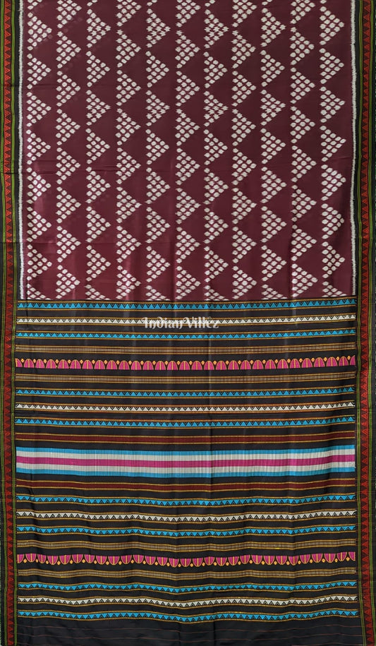 Wine Jhoti Contemporary Sambalpuri Ikat Silk Saree with Dongria Border and Pallu