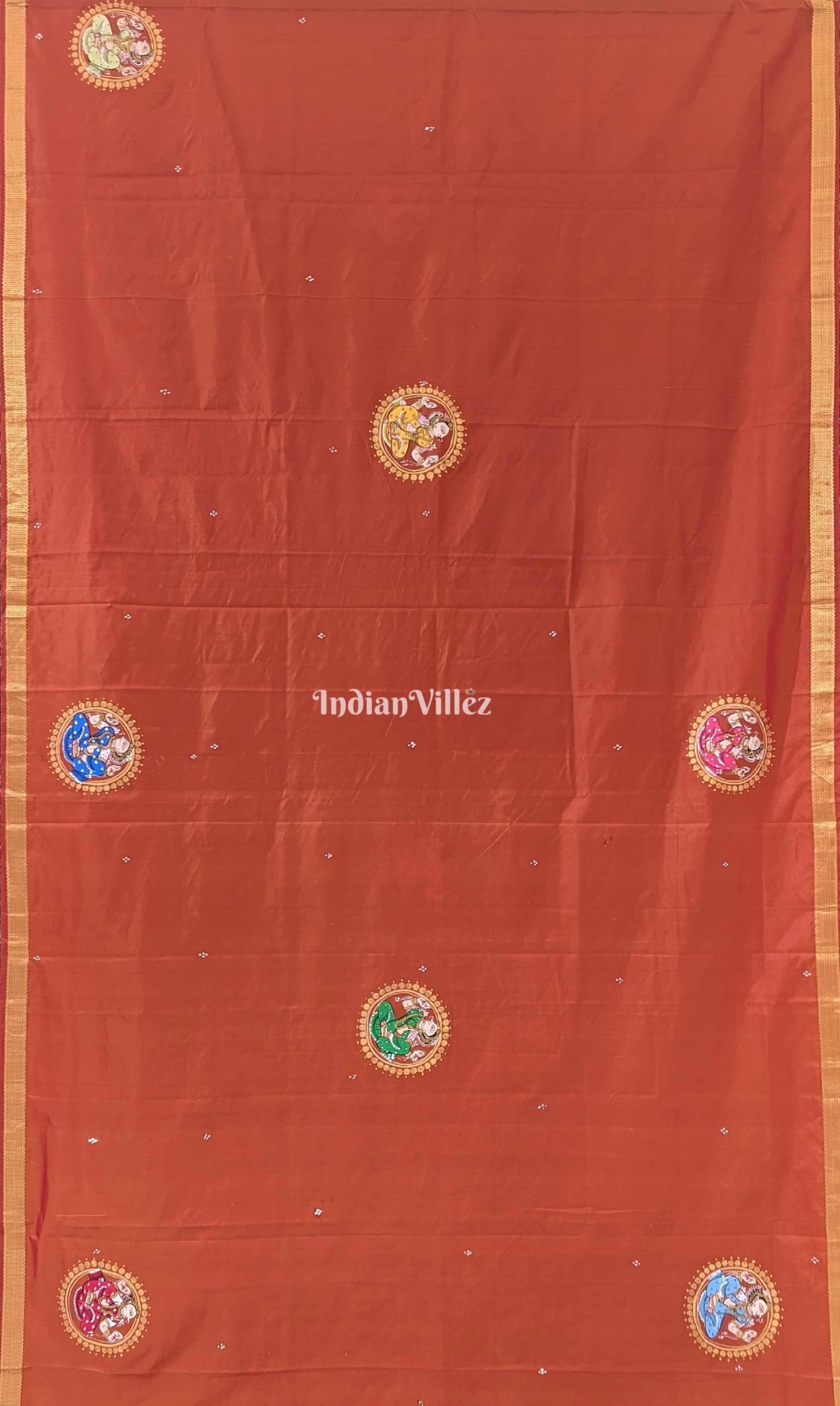 Rust Kandarpa Rath Pattachitra Art on Pure Kanjivaram Silk Saree