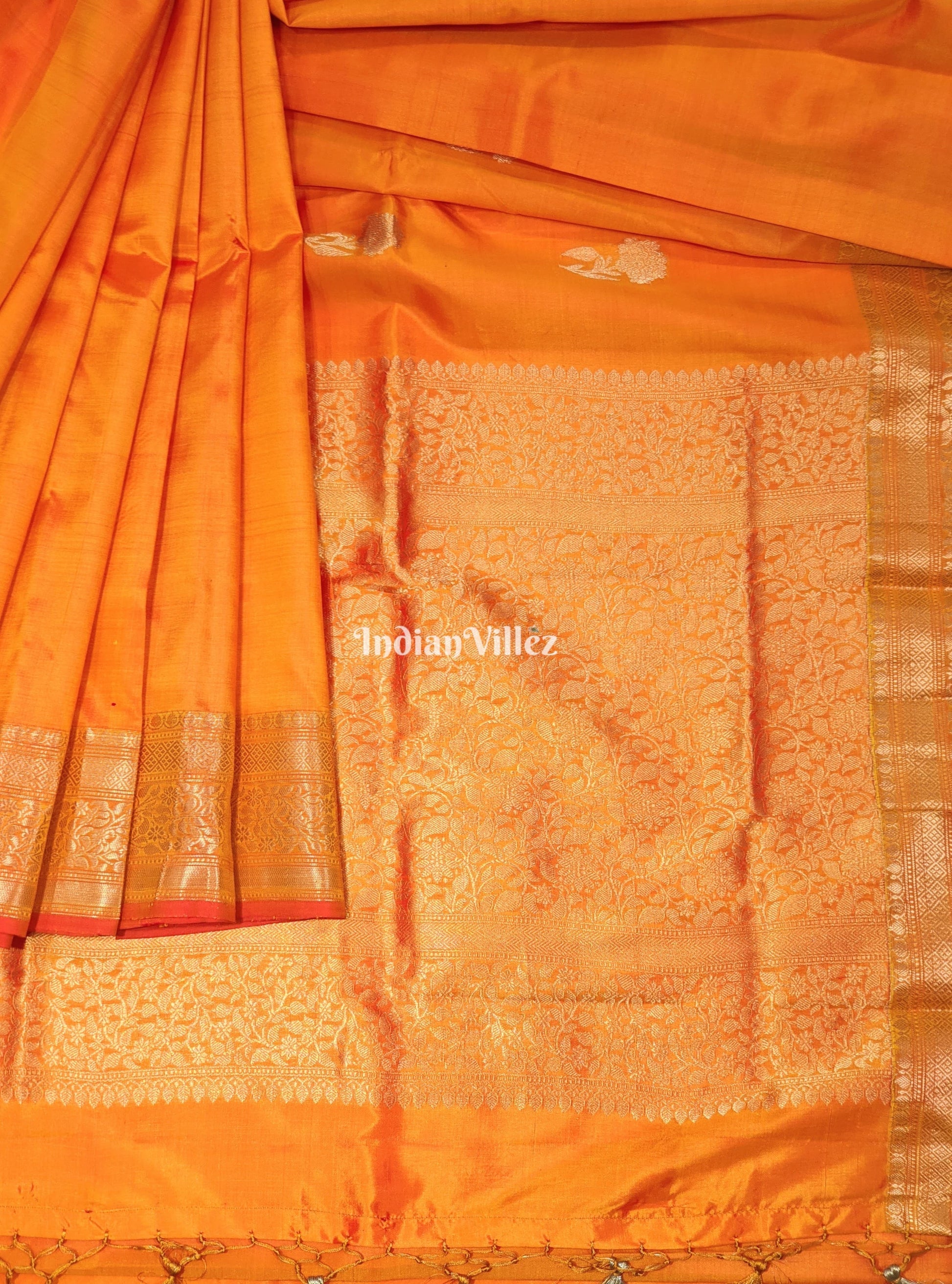 Orange Flower Motif Designer Pure Banarasi Katan Silk Saree