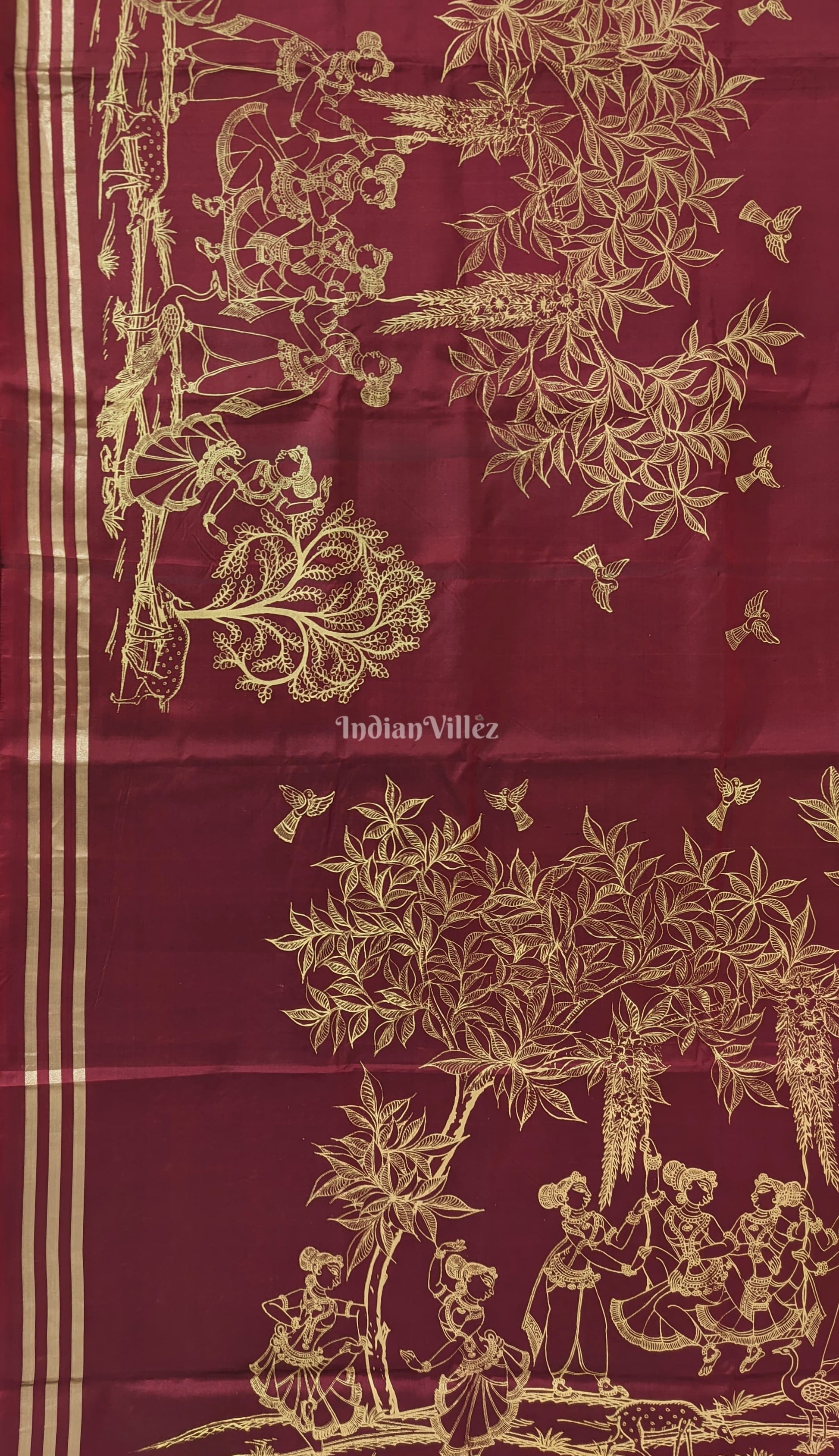 Maroon Single Line Pattachitra Work on Kanjivaram Silk Saree