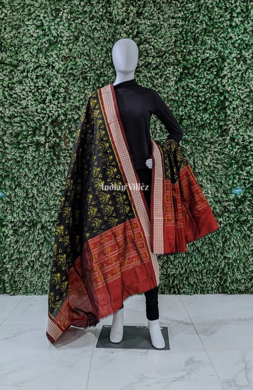 Black Maroon Tribal Sambalpuri Silk Dupatta