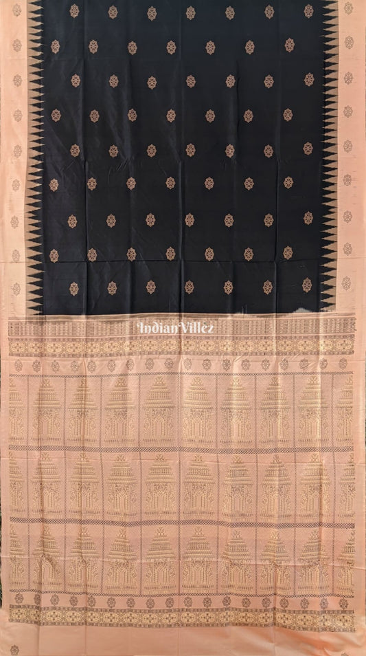 Black Peach Konark Temple Theme Sambalpuri Ikat Silk Saree