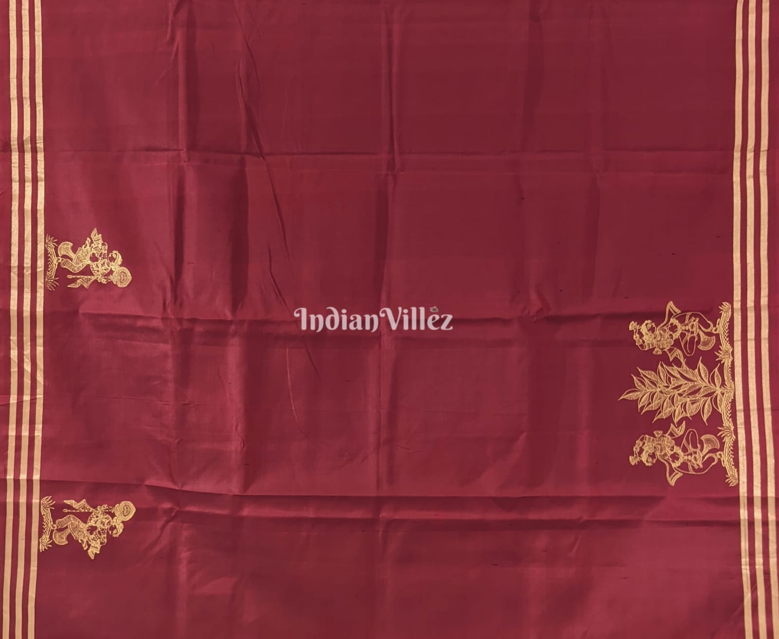 Maroon Single Line Pattachitra Work on Kanjivaram Silk Saree