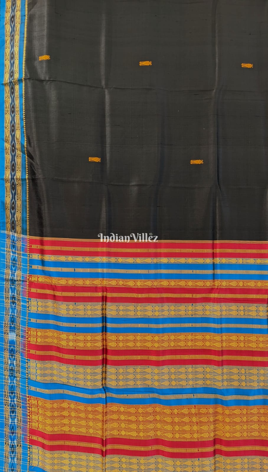 Black Fish Motif Odisha Ikat Bomkai Silk Saree