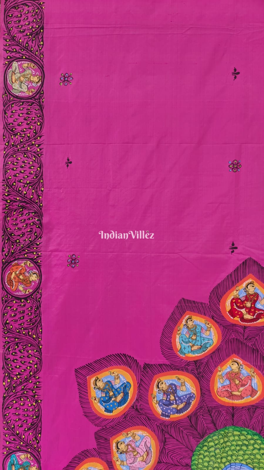 Royal Pink PEACOCK (Mayur) & Nartaki Theme Pattachitra Silk Saree