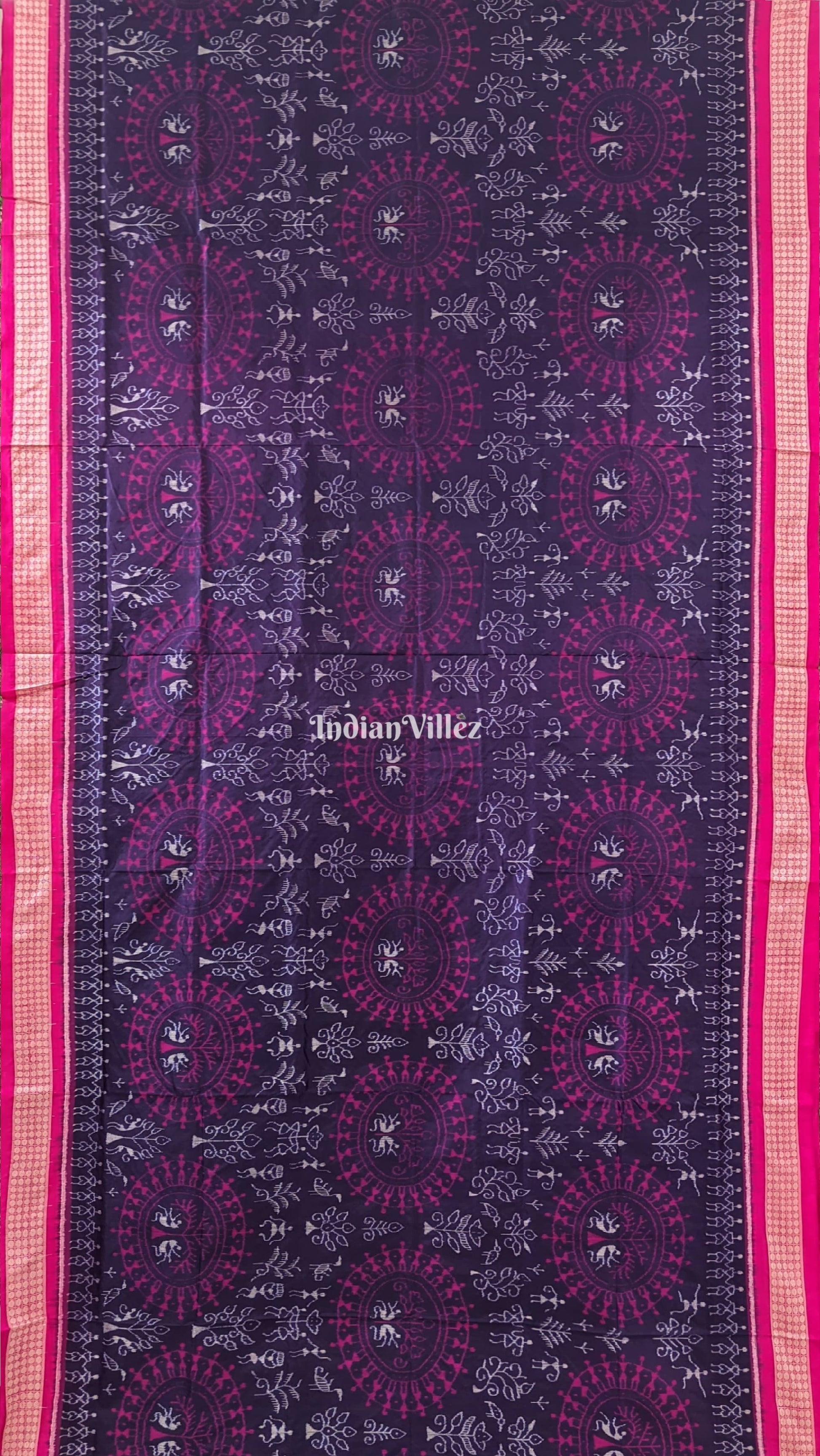 Navy Blue & Pink Tribal Theme Sambalpuri Silk Saree