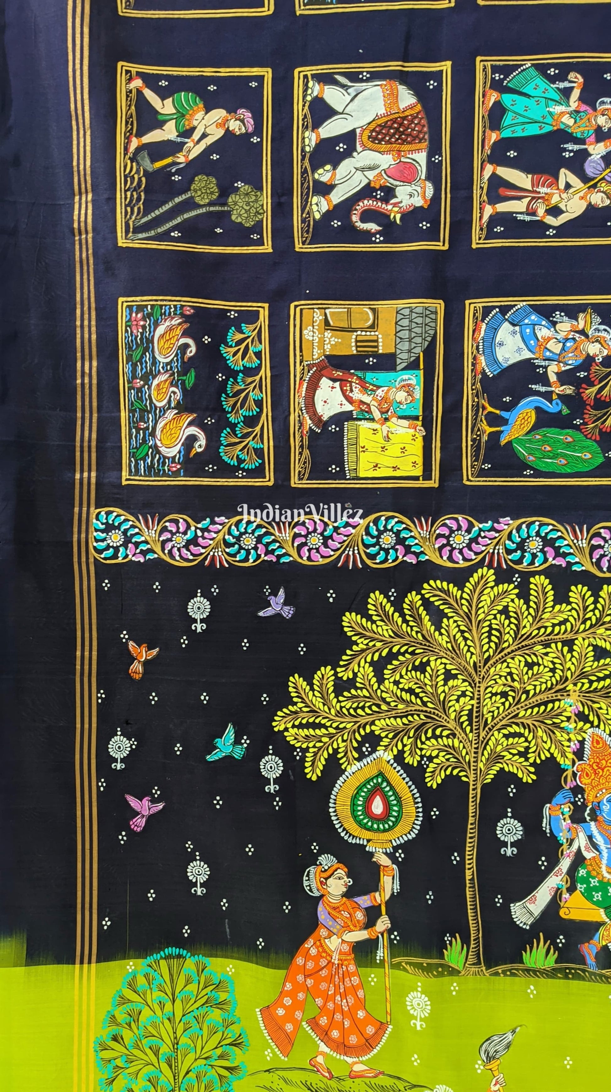 Navy Blue & Parrot Green Radha Krishna Village Theme Pattachitra Silk Saree